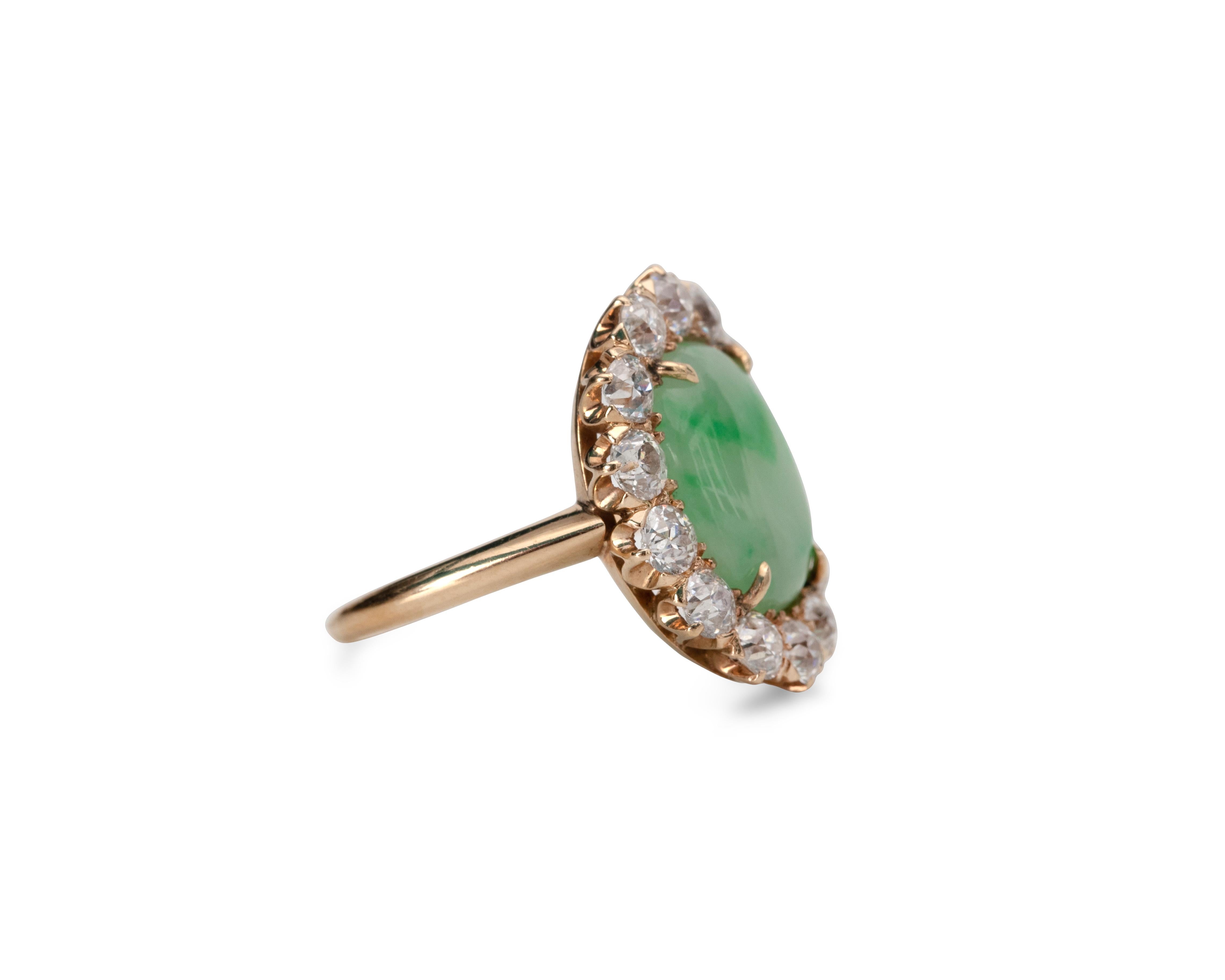 Women's Antique Late Victorian Green Jade Yellow Gold Ring w/ Old Mine Cut Diamond Halo