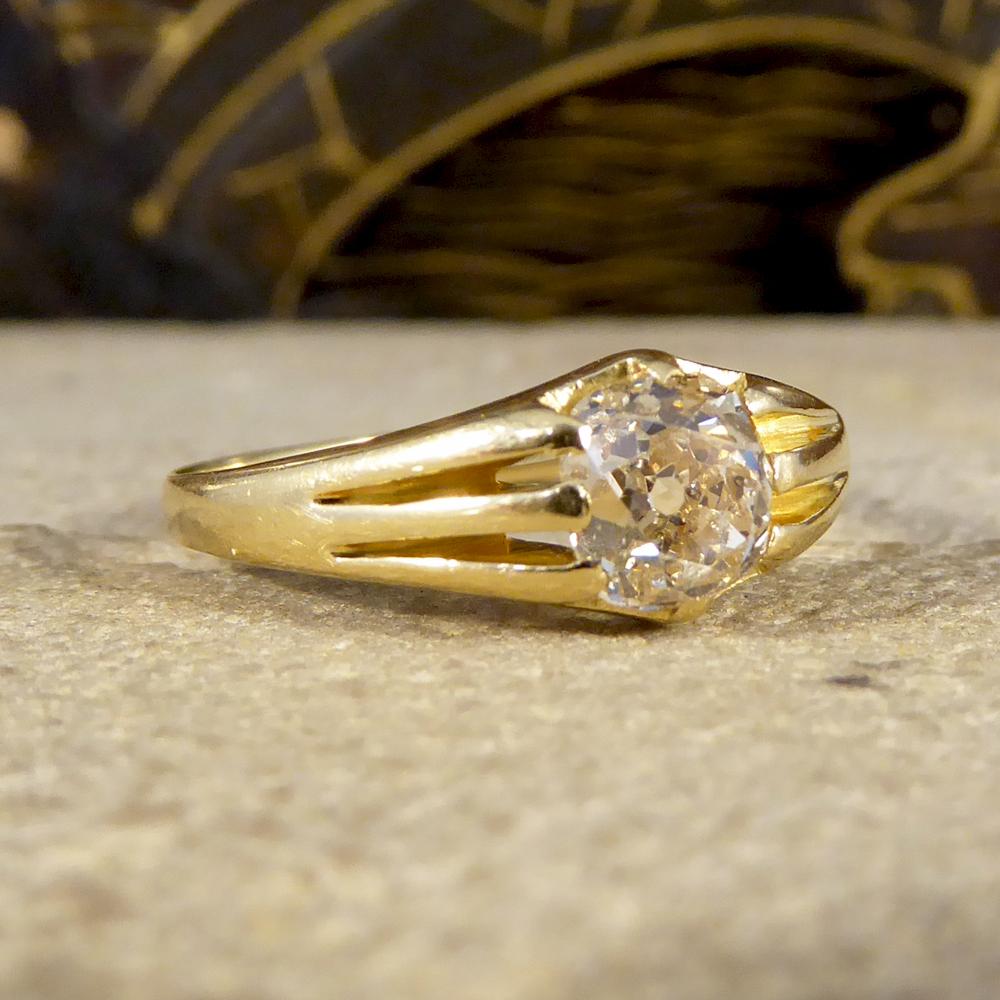 This gorgeous little gypsy set ring has a Old Cushion Cut Diamond in the setting weighing 0.73ct. It has been crafted in the Late Victorian era with no marks on the inner band, but created from 18ct Yellow Gold. A beautiful antique ring that can be