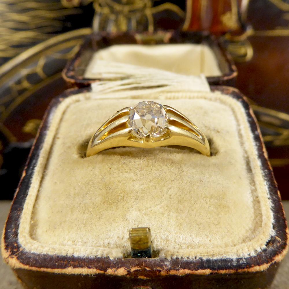 Women's or Men's Antique Late Victorian Gypsy Set Old Cushion Cut Diamond Ring, 18 Carat Gold