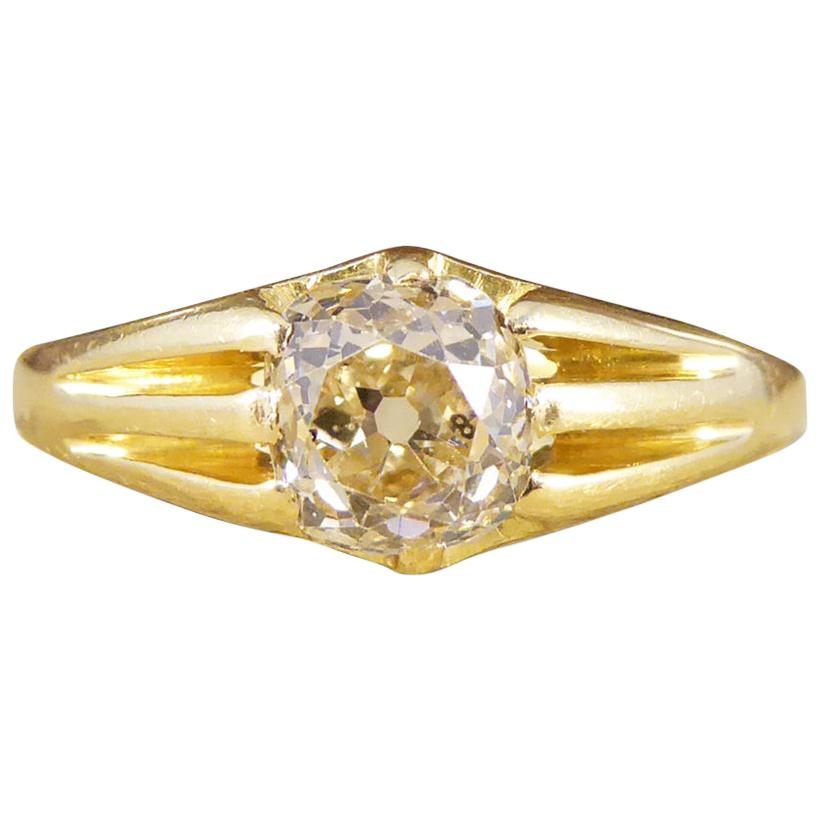 Antique Late Victorian Gypsy Set Old Cushion Cut Diamond Ring, 18 Carat Gold