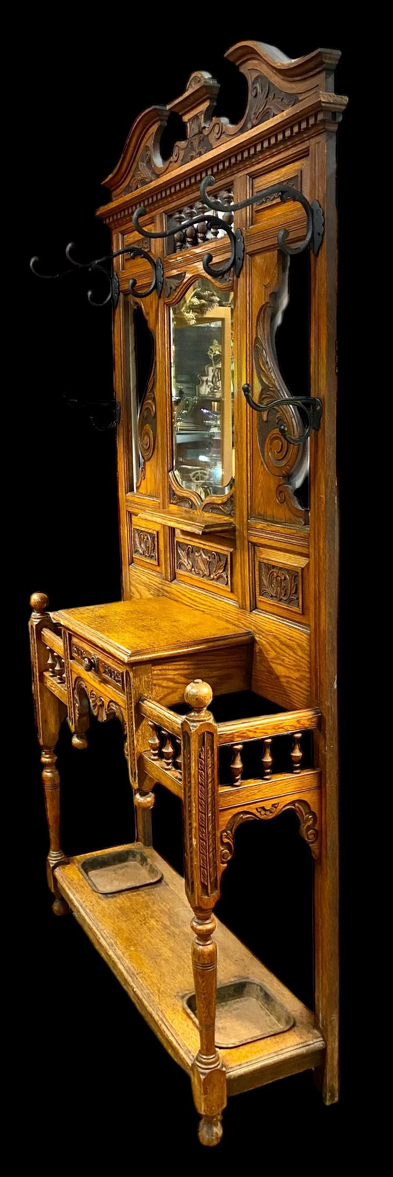 Antique Late Victorian Hand Carved Oak Hall Stand 5