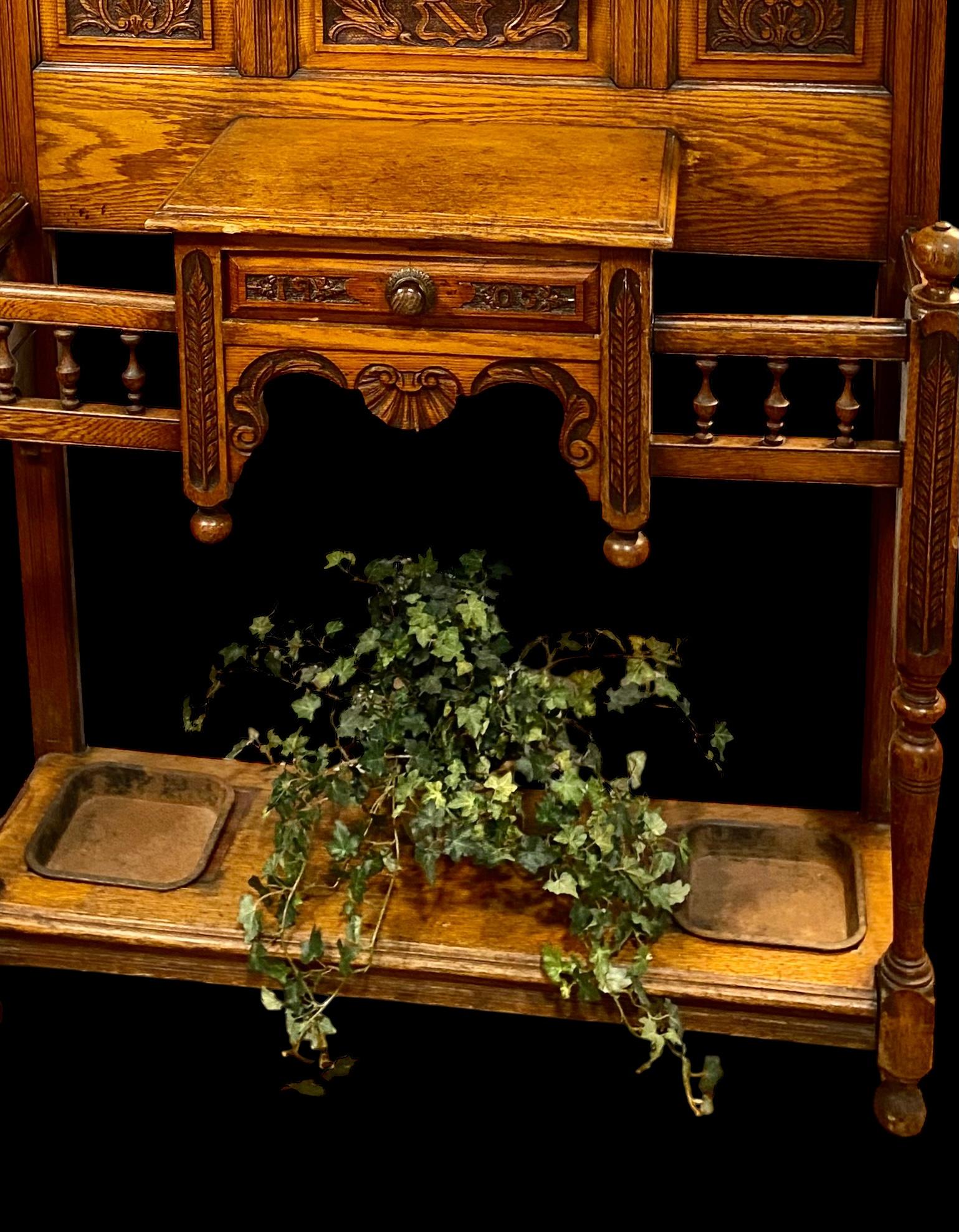 Antique Late Victorian Hand Carved Oak Hall Stand 6