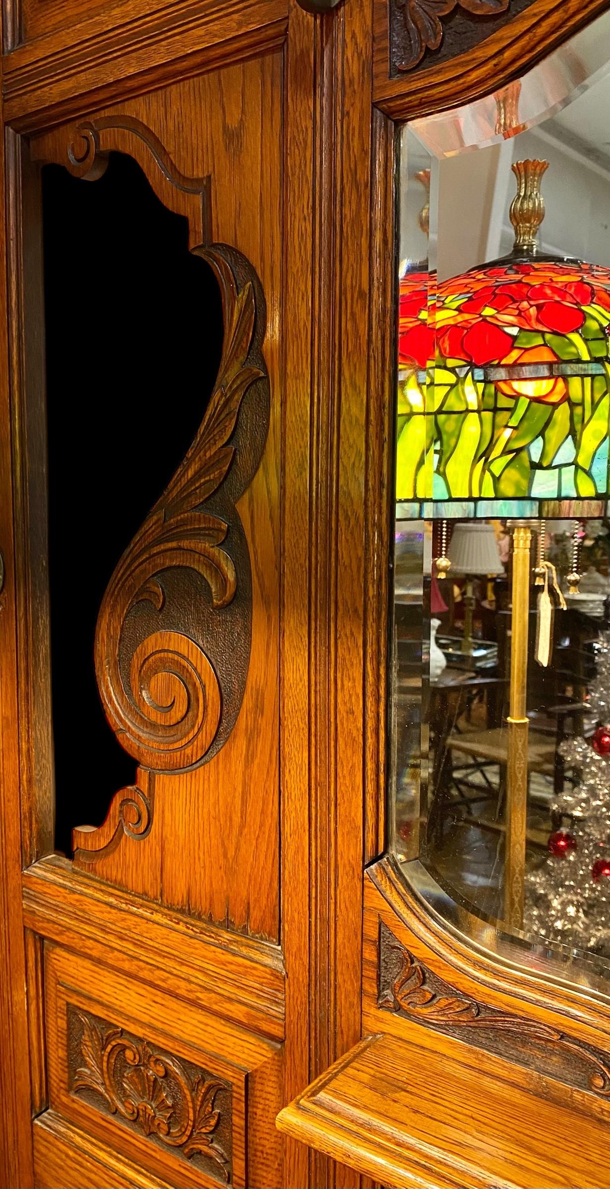 Beveled Antique Late Victorian Hand Carved Oak Hall Stand