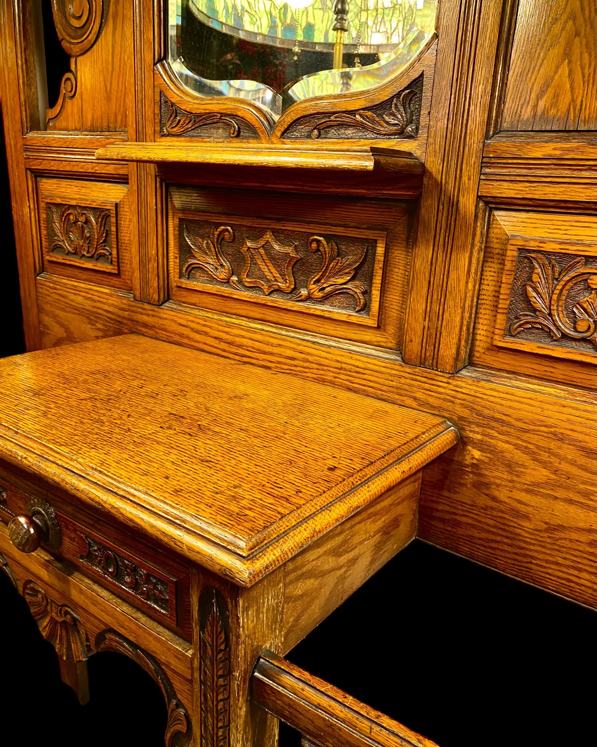 Early 20th Century Antique Late Victorian Hand Carved Oak Hall Stand