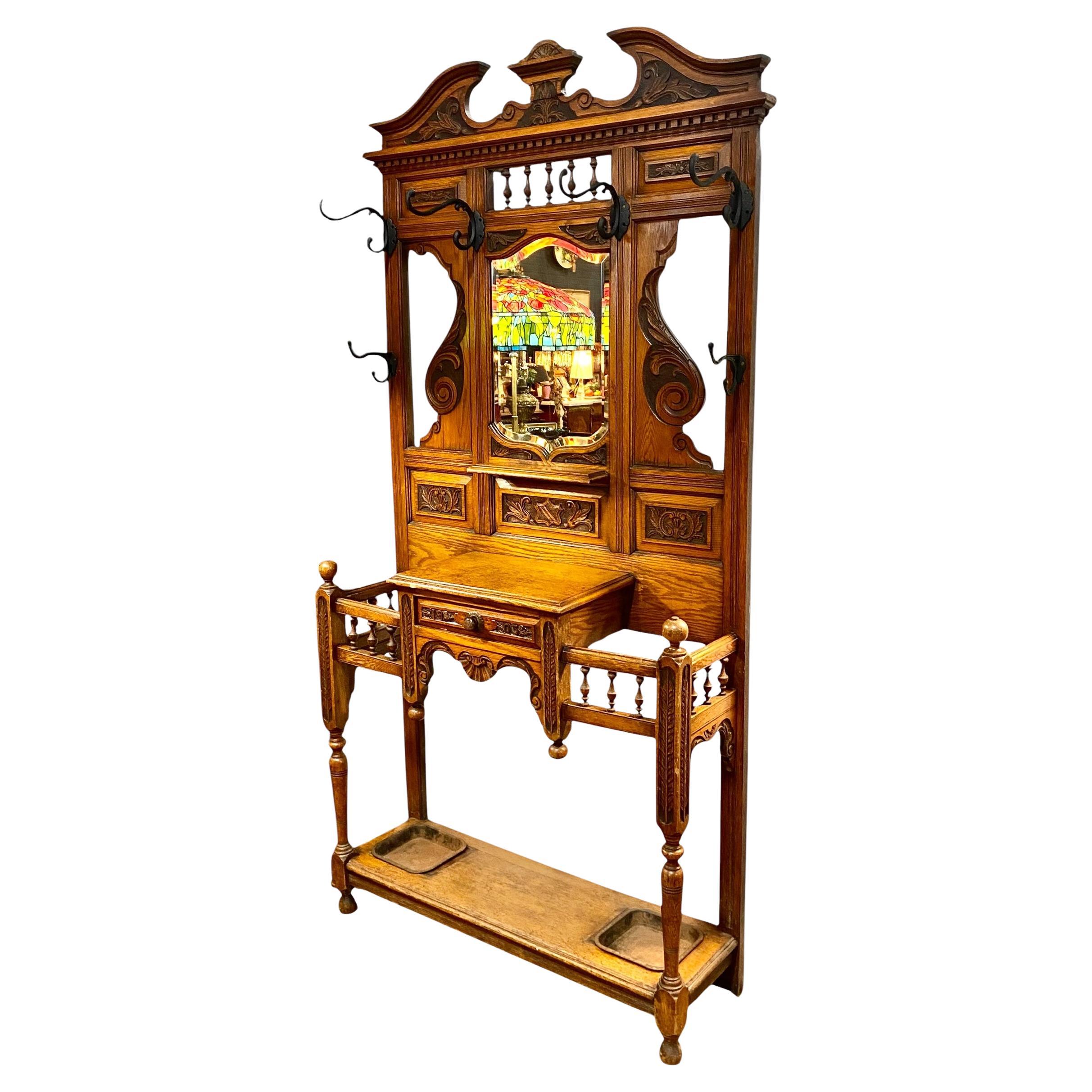 Antique Late Victorian Hand Carved Oak Hall Stand