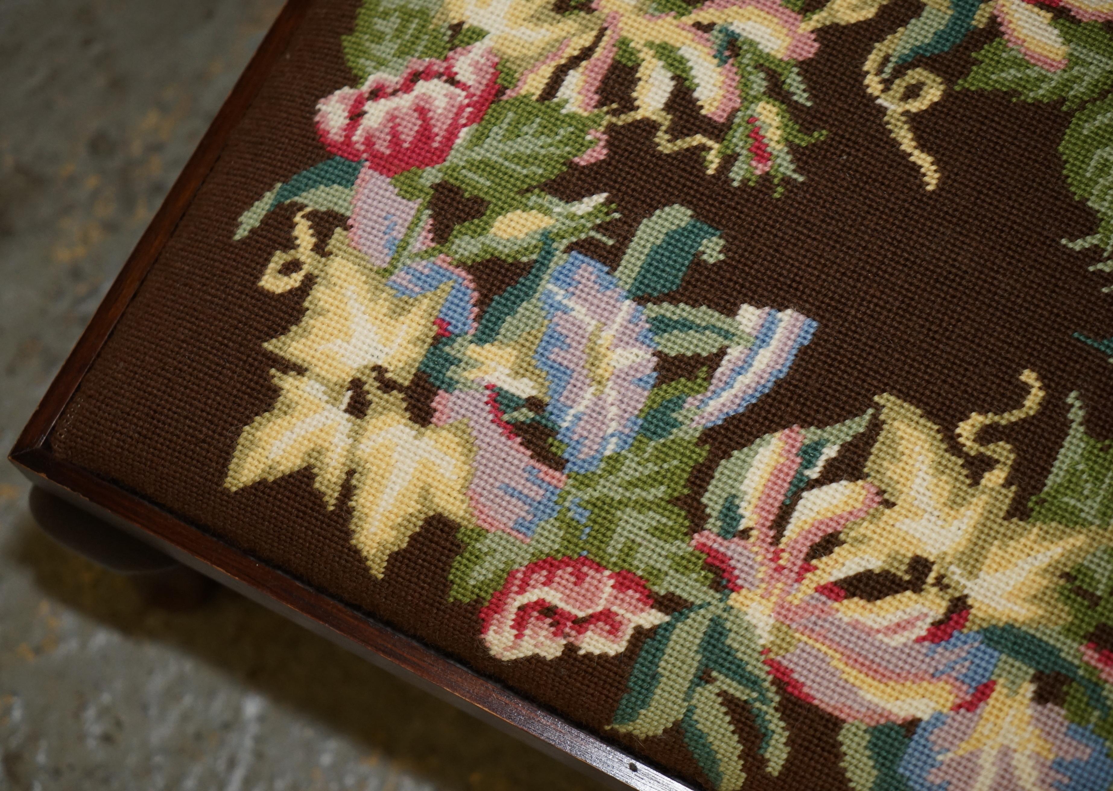 Hand-Crafted ANTIQUE LATE ViCTORIAN HAND EMBROIDERED FLORAL FOOTSTOOL WITH HARDWOOD FRAME For Sale