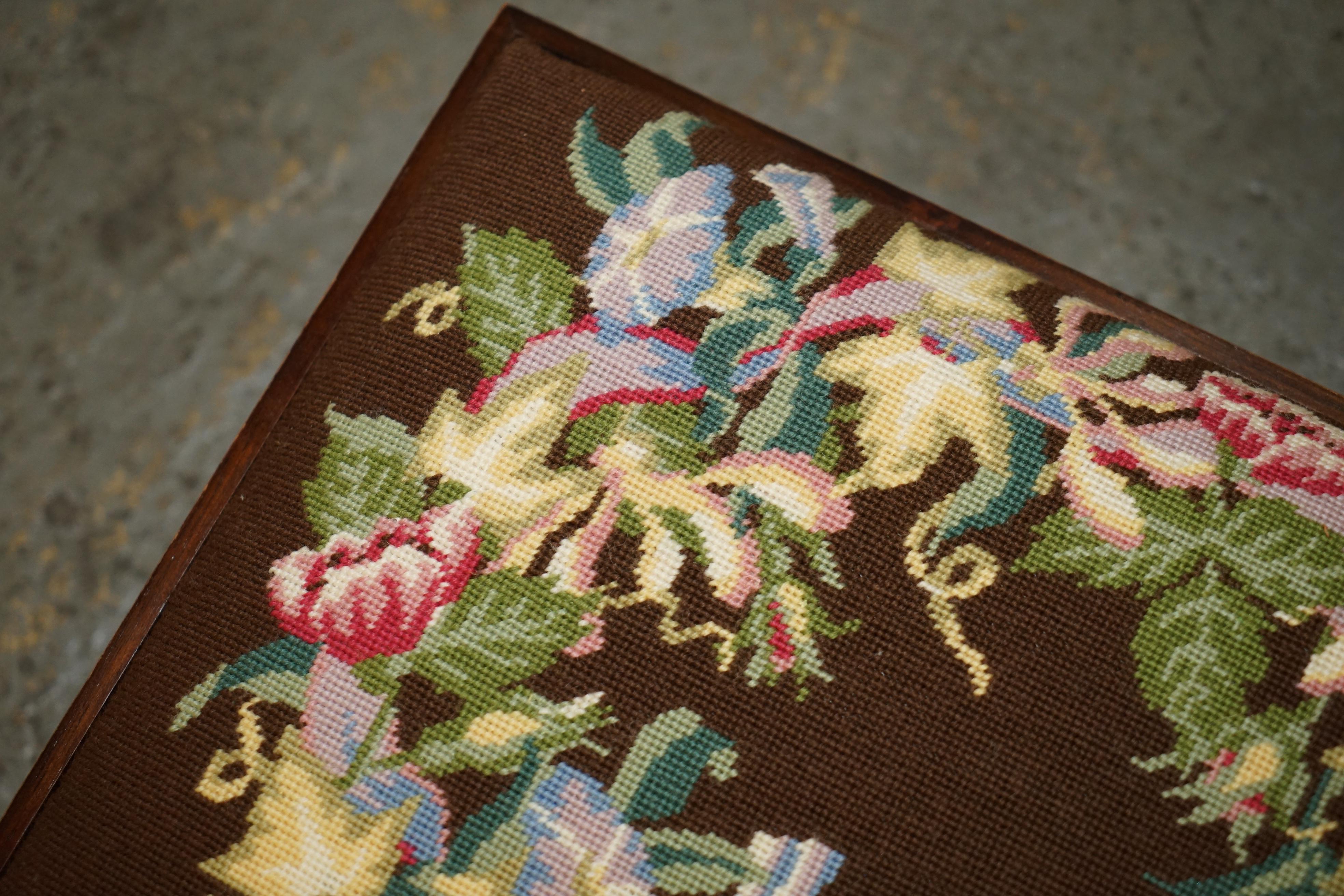 19th Century ANTIQUE LATE ViCTORIAN HAND EMBROIDERED FLORAL FOOTSTOOL WITH HARDWOOD FRAME For Sale