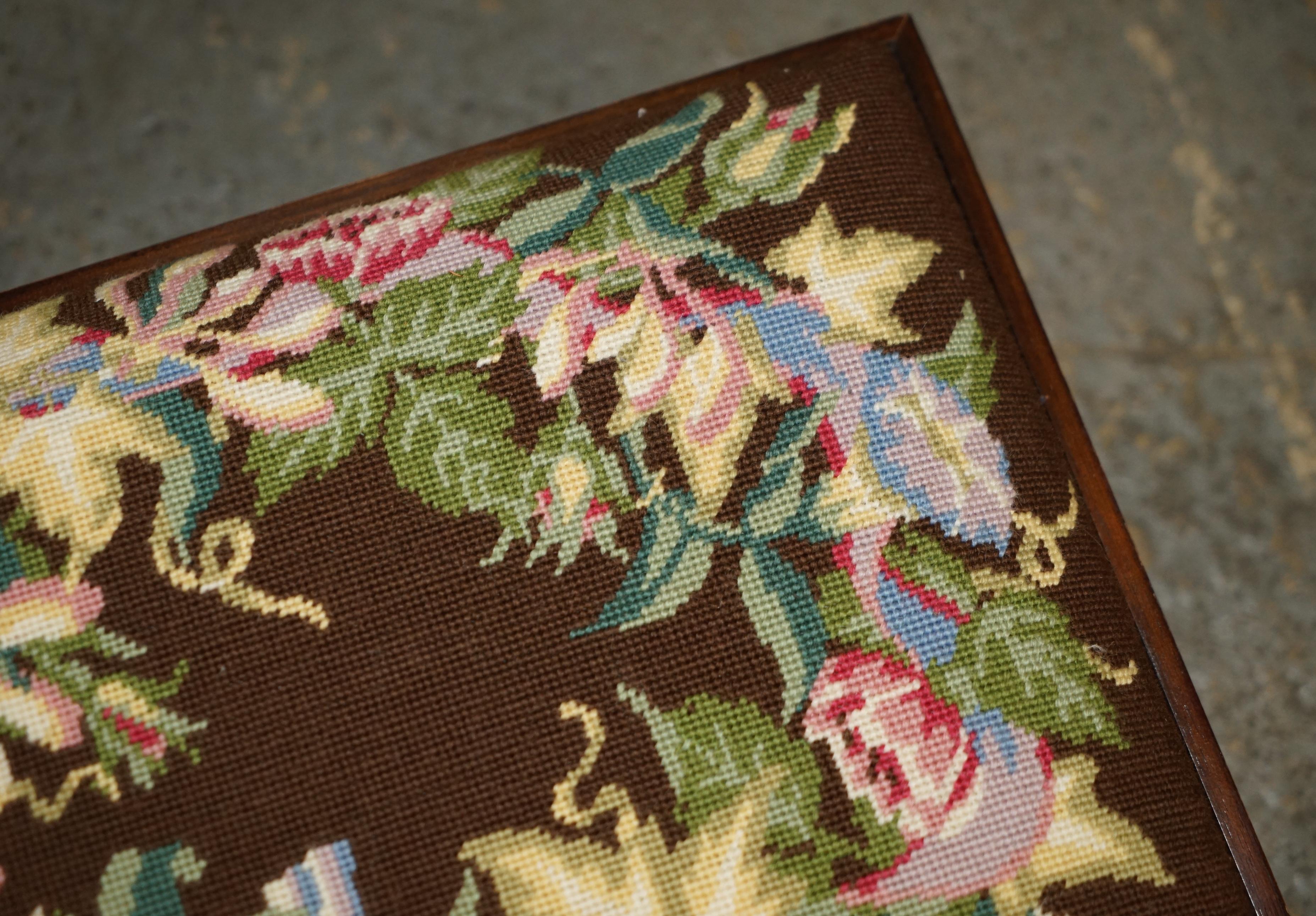Hardwood ANTIQUE LATE ViCTORIAN HAND EMBROIDERED FLORAL FOOTSTOOL WITH HARDWOOD FRAME For Sale