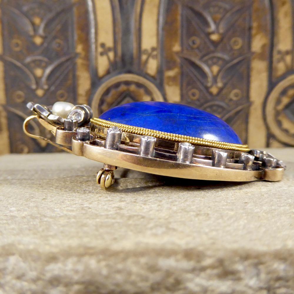 Women's or Men's Antique Late Victorian Lapis Lazuli Brooch Pendant Set with Diamonds a Pearl