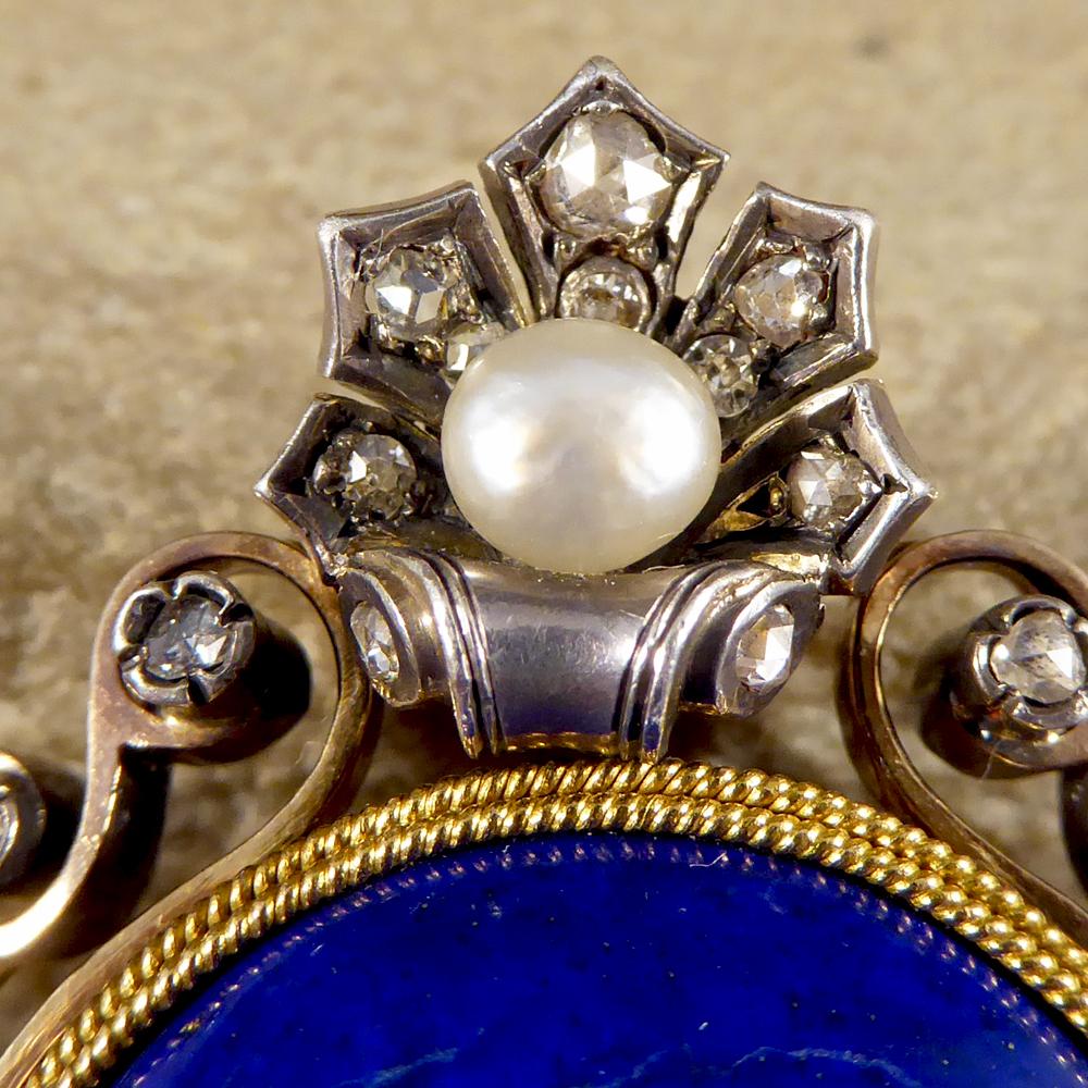 Antique Late Victorian Lapis Lazuli Brooch Pendant Set with Diamonds a Pearl 1