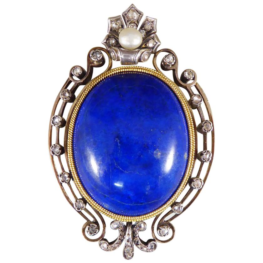 Antique Late Victorian Lapis Lazuli Brooch Pendant Set with Diamonds a Pearl