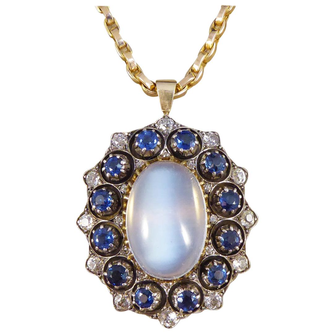 Antique Late Victorian Moonstone Sapphire and Diamond Necklace with Yellow Gold