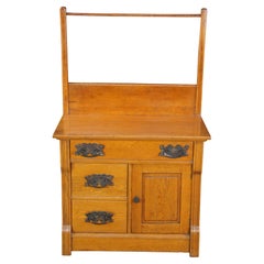 Antique Late Victorian Oak 3 Drawer Chest Washstand & Towel Bar Rack Dry Sink