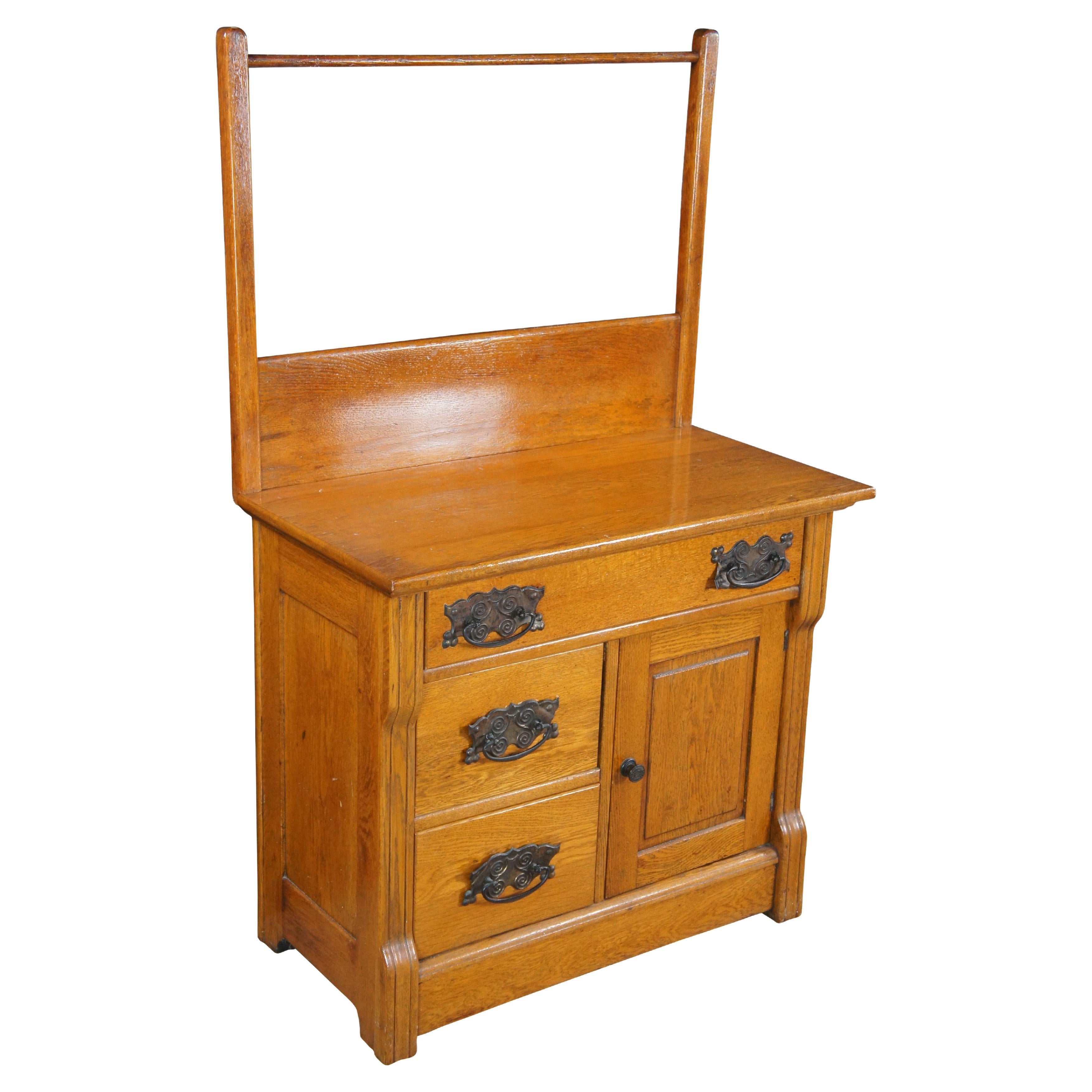 Antiguo Lavabo de 3 Cajones de Roble Victoriano Tardío Lavabo y Toallero de Barra Lavabo Seco