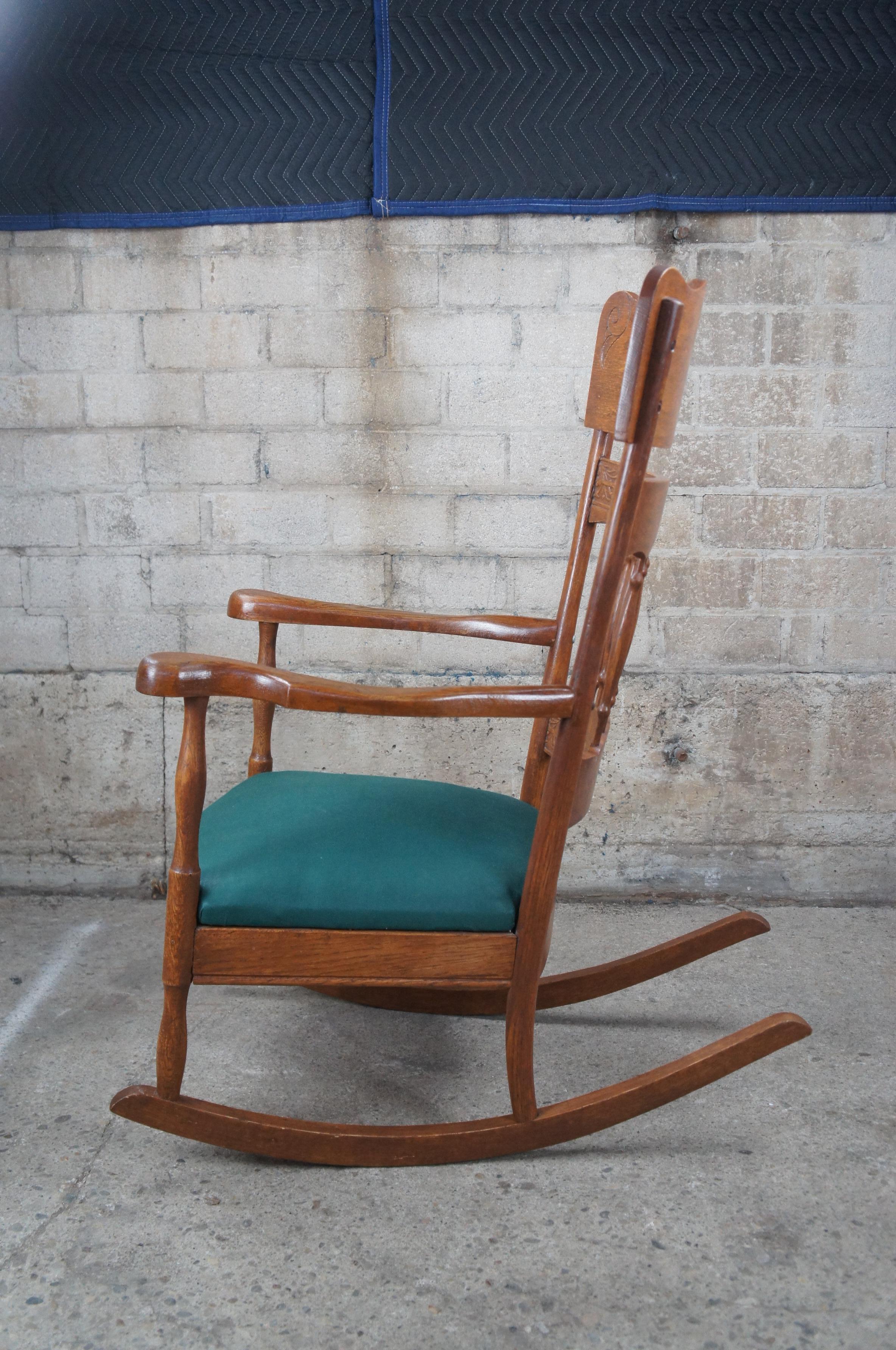 Antique Late Victorian Oak Pressback Upholstered Rocking Chair Rocker Cameo For Sale 2