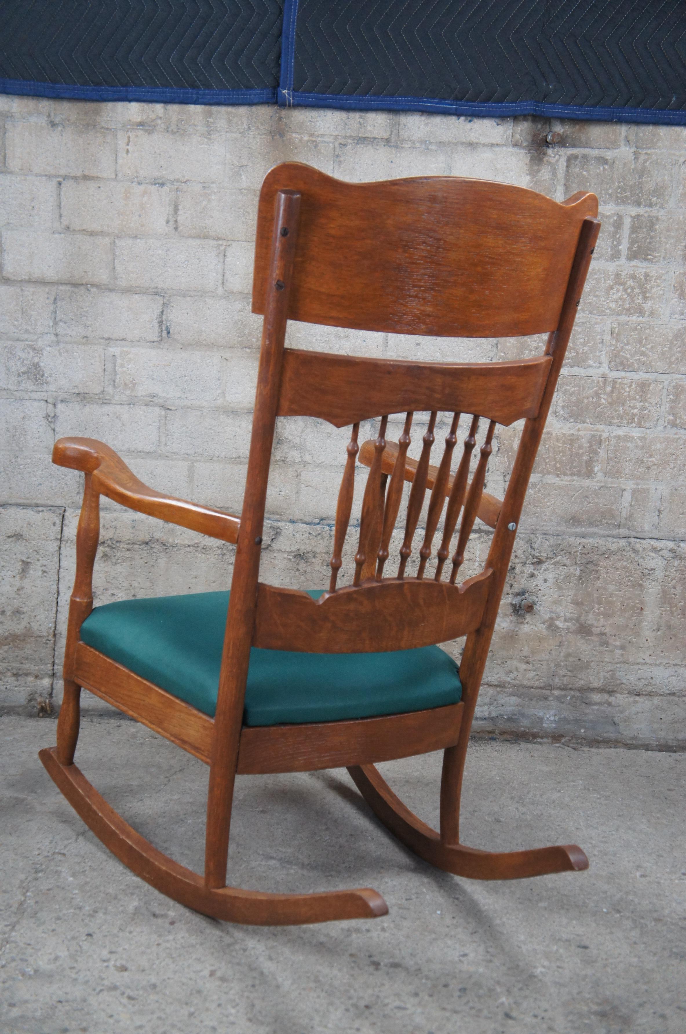Antique Late Victorian Oak Pressback Upholstered Rocking Chair Rocker Cameo For Sale 3