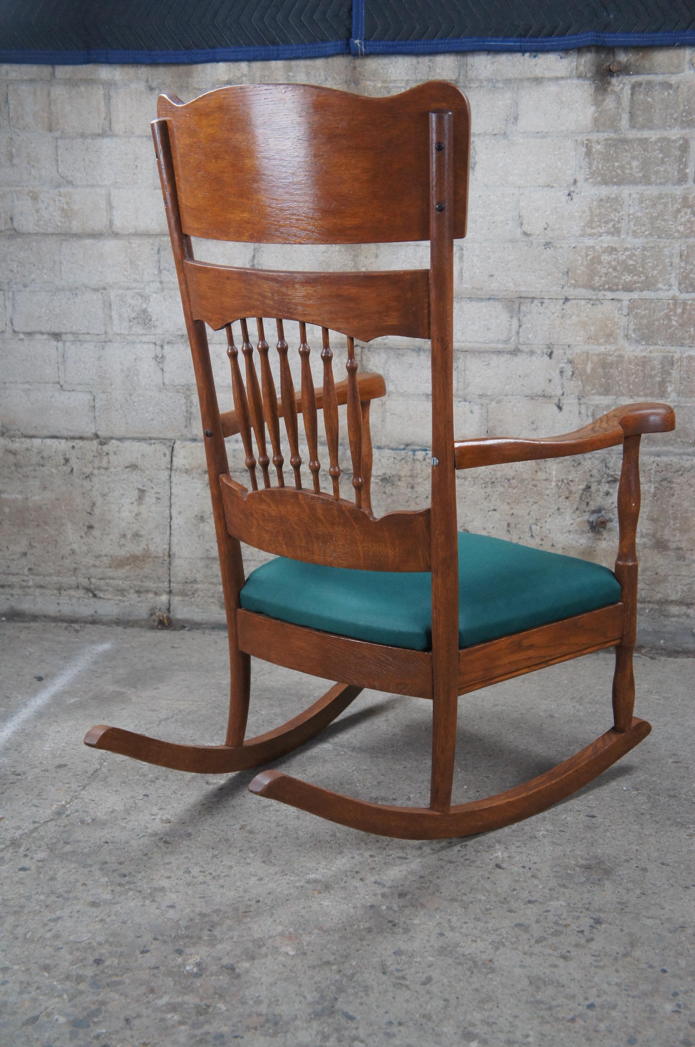 Antique Late Victorian Oak Pressback Upholstered Rocking Chair Rocker Cameo For Sale 4