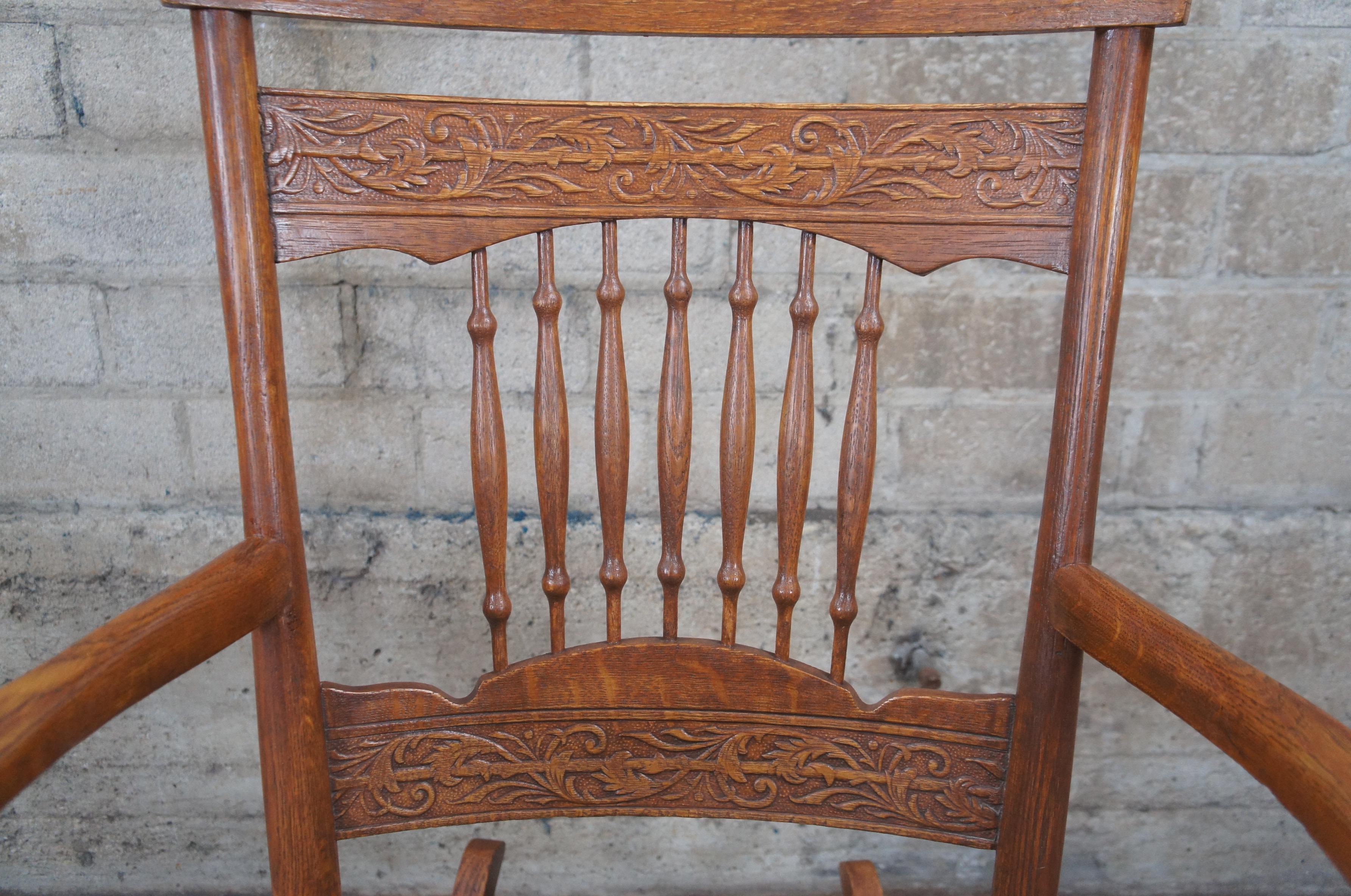 Antique Late Victorian Oak Pressback Upholstered Rocking Chair Rocker Cameo In Good Condition For Sale In Dayton, OH