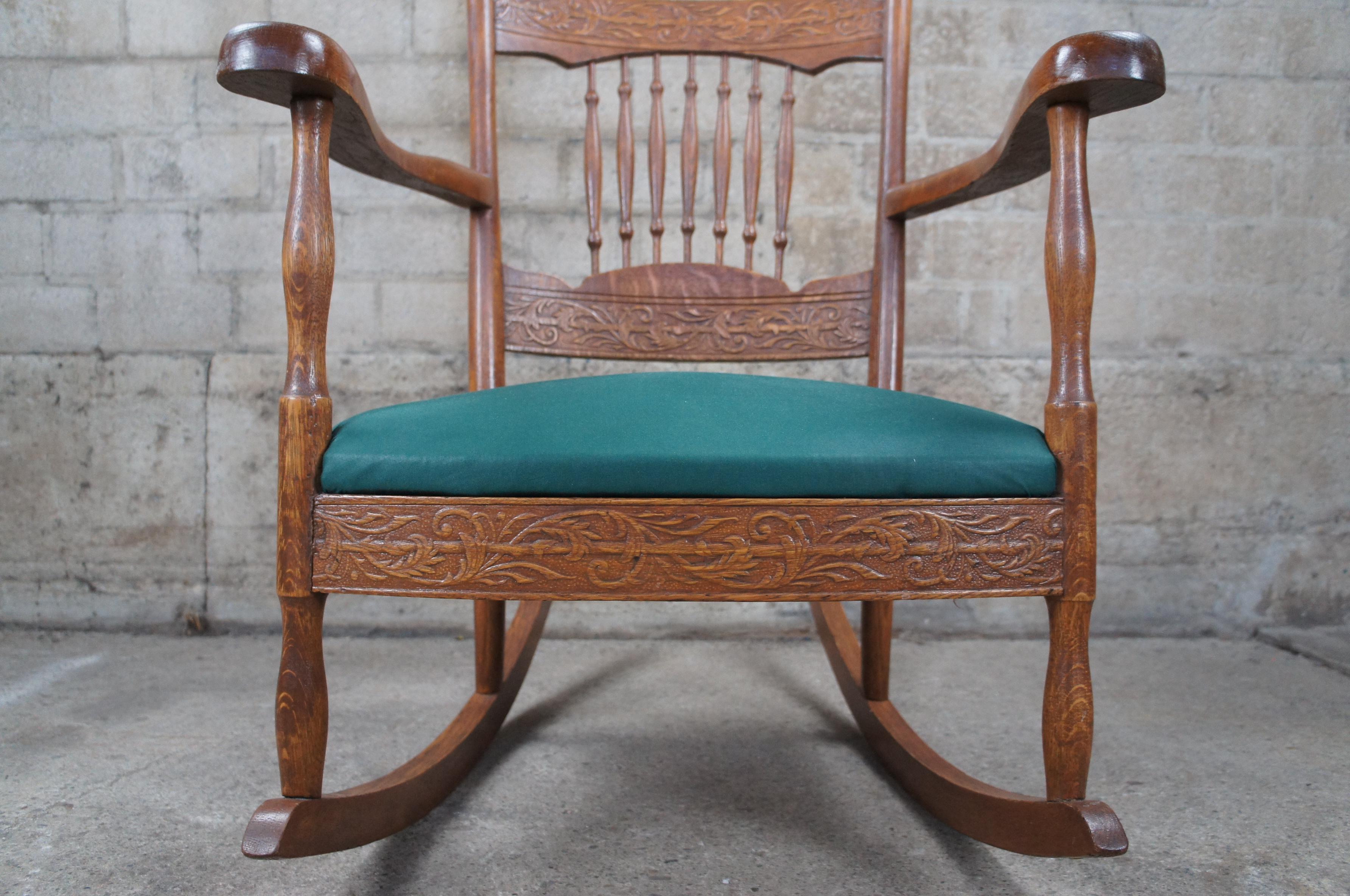Antique Late Victorian Oak Pressback Upholstered Rocking Chair Rocker Cameo For Sale 1