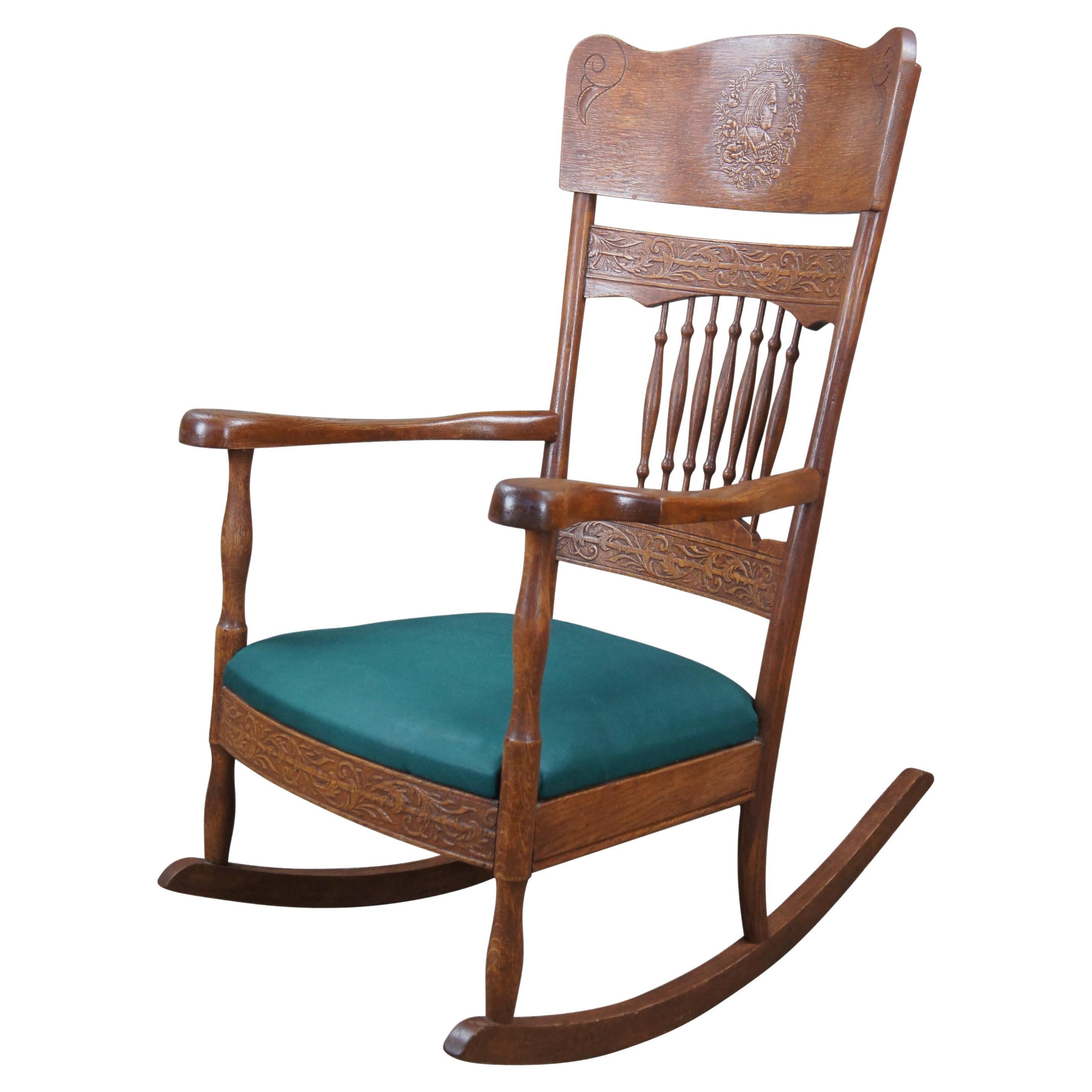 Antique Late Victorian Oak Pressback Upholstered Rocking Chair Rocker Cameo For Sale