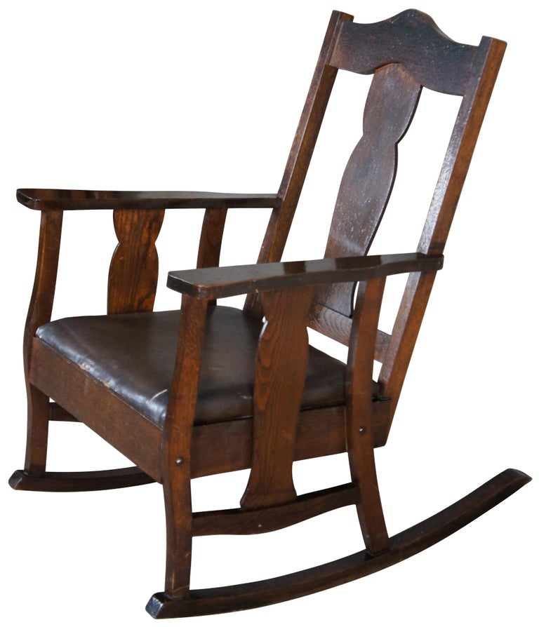 Antique Late Victorian Oak Rocker Rocking Chair with Leather Seat Arts + Crafts In Good Condition For Sale In Dayton, OH