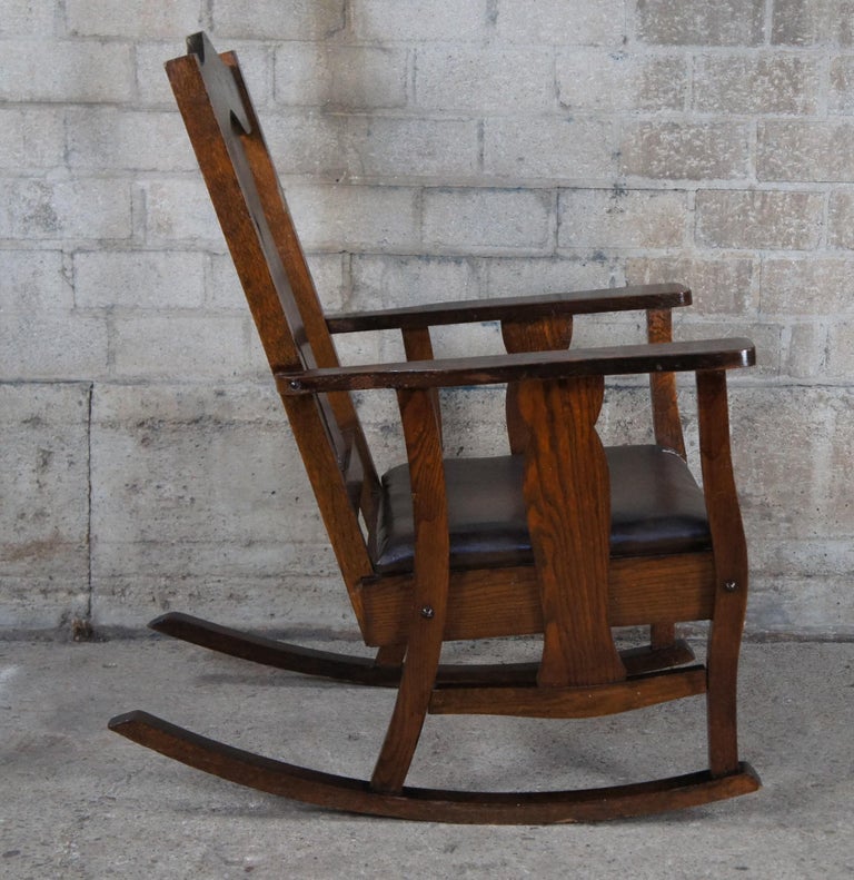 20th Century Antique Late Victorian Oak Rocker Rocking Chair with Leather Seat Arts + Crafts For Sale