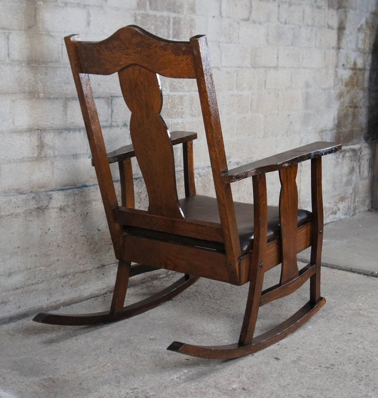 Antique Late Victorian Oak Rocker Rocking Chair with Leather Seat Arts + Crafts For Sale 1