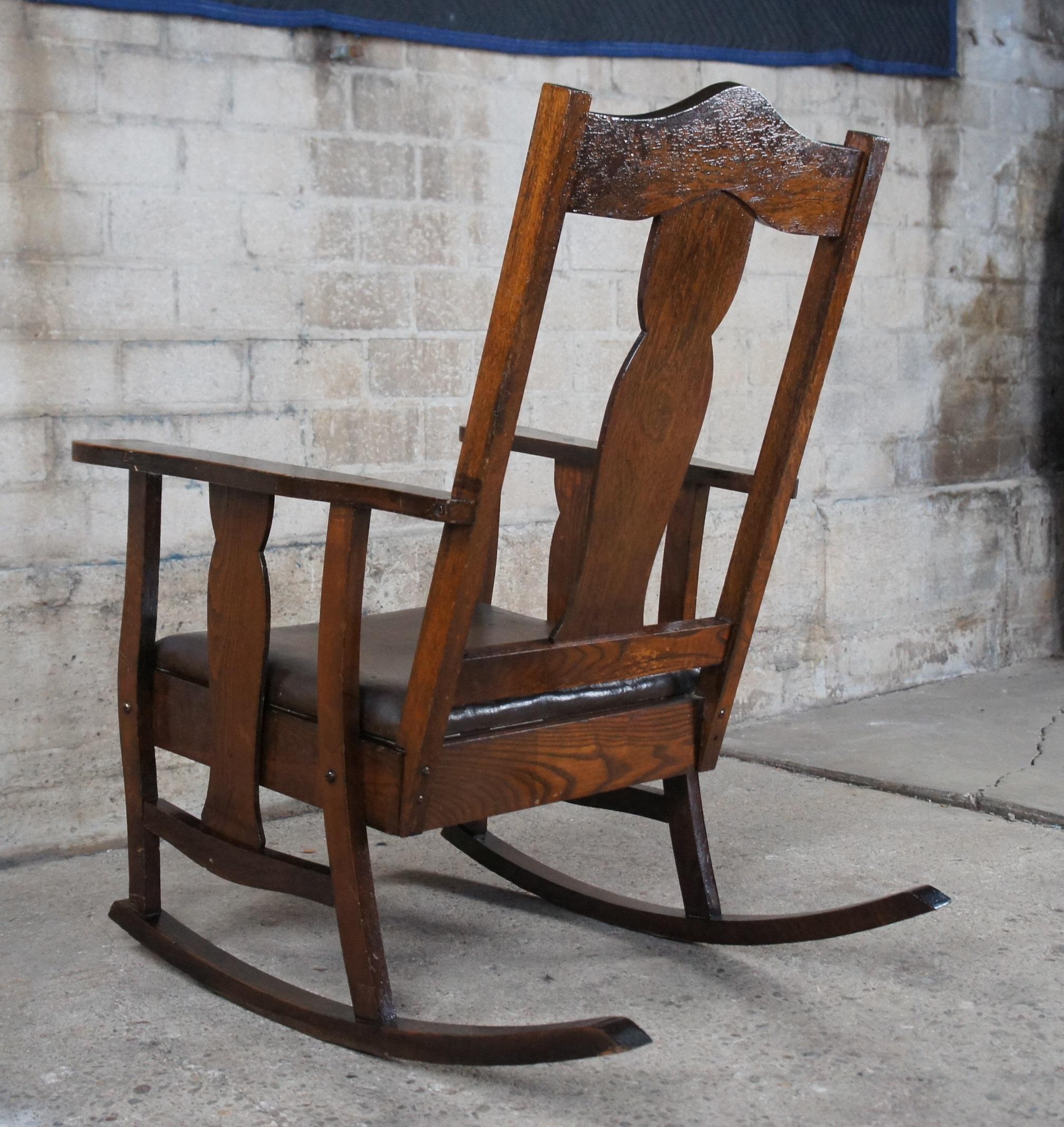 20th Century Antique Late Victorian Oak Rocker Rocking Chair with Leather Seat Arts + Crafts