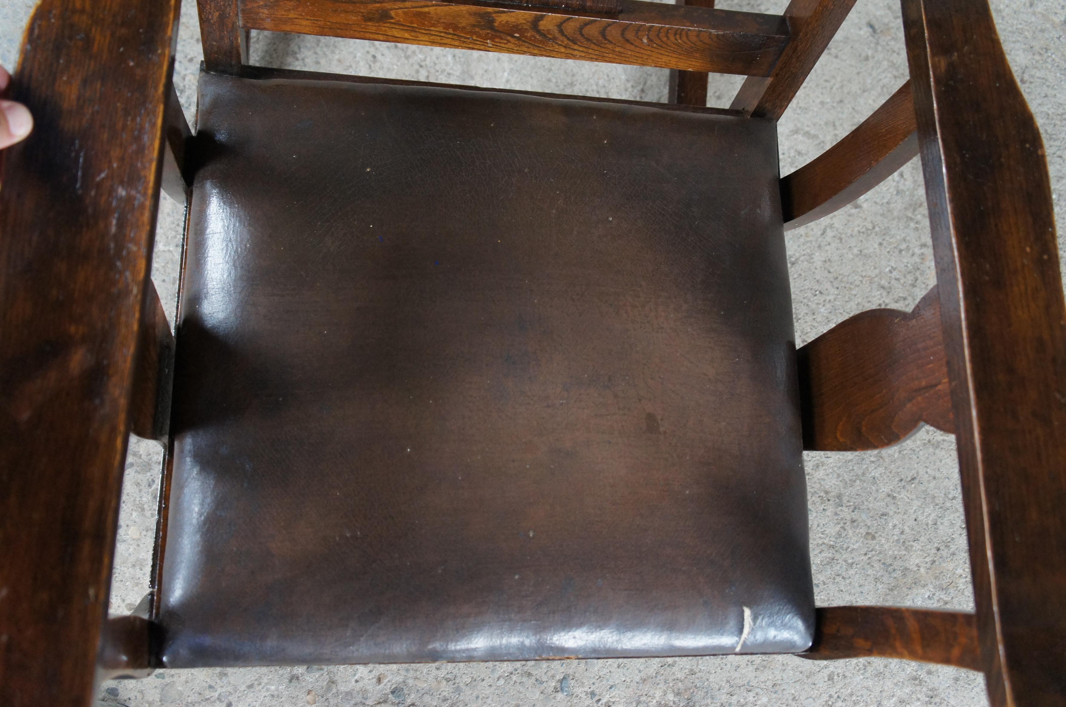 Antique Late Victorian Oak Rocker Rocking Chair with Leather Seat Arts + Crafts 2
