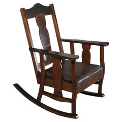 Antique Late Victorian Oak Rocker Rocking Chair with Leather Seat Arts + Crafts