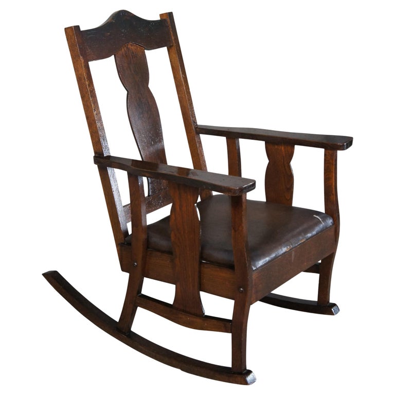 Antique Late Victorian Oak Rocker Rocking Chair with Leather Seat Arts + Crafts For Sale