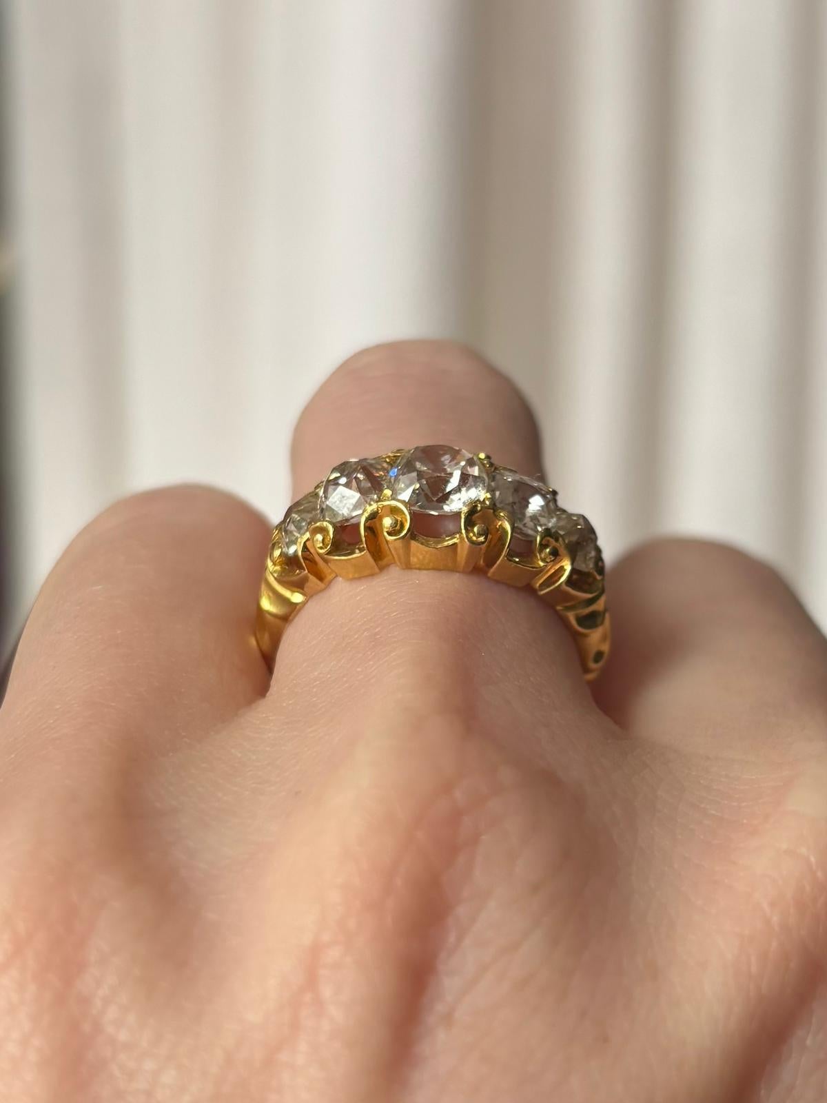 Antique Late Victorian Old Cushion Cut Diamond Five Stone Ring in 18k Gold For Sale 5