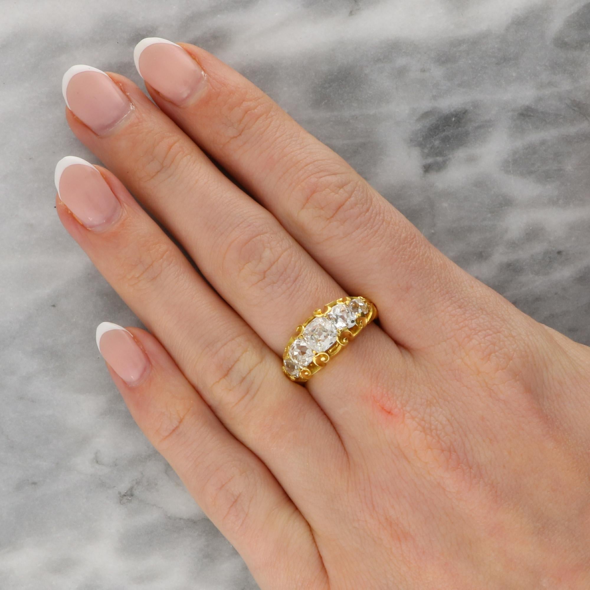 Women's or Men's Antique Late Victorian Old Cushion Cut Diamond Five Stone Ring in 18k Gold For Sale
