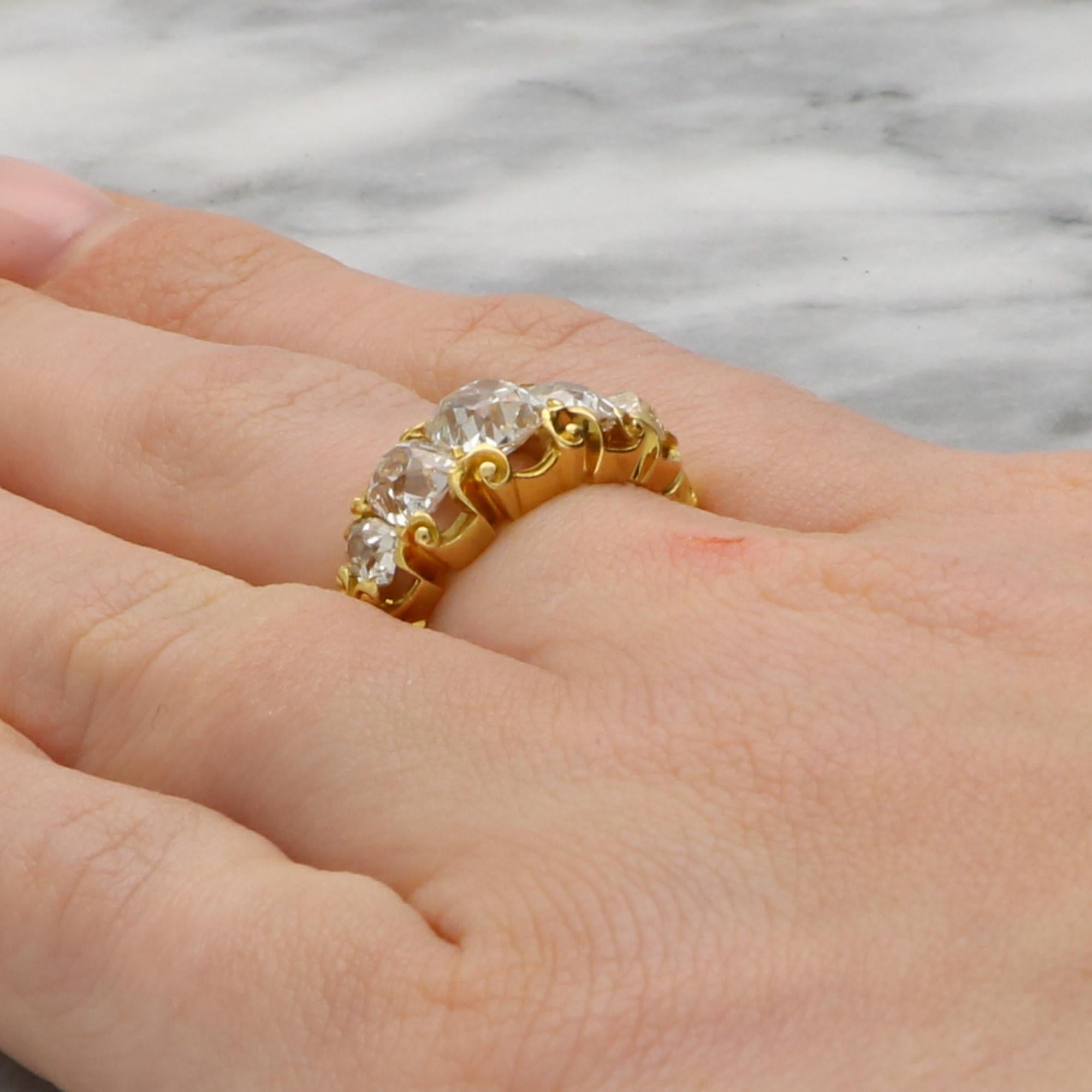 Antique Late Victorian Old Cushion Cut Diamond Five Stone Ring in 18k Gold For Sale 1