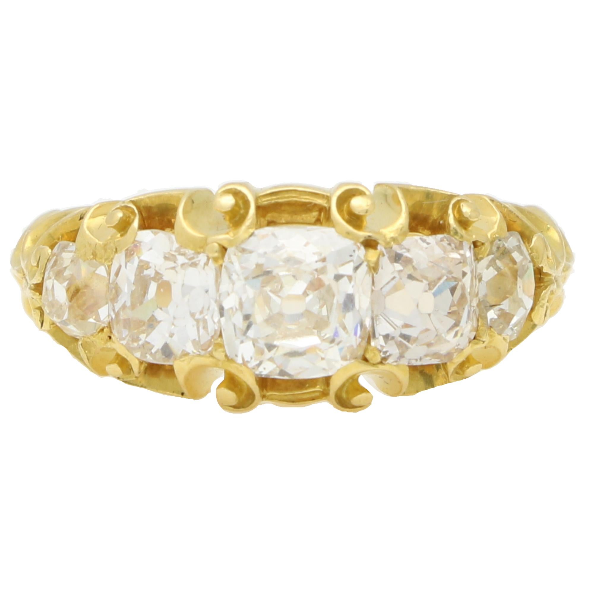 Antique Late Victorian Old Cushion Cut Diamond Five Stone Ring in 18k Gold For Sale 2