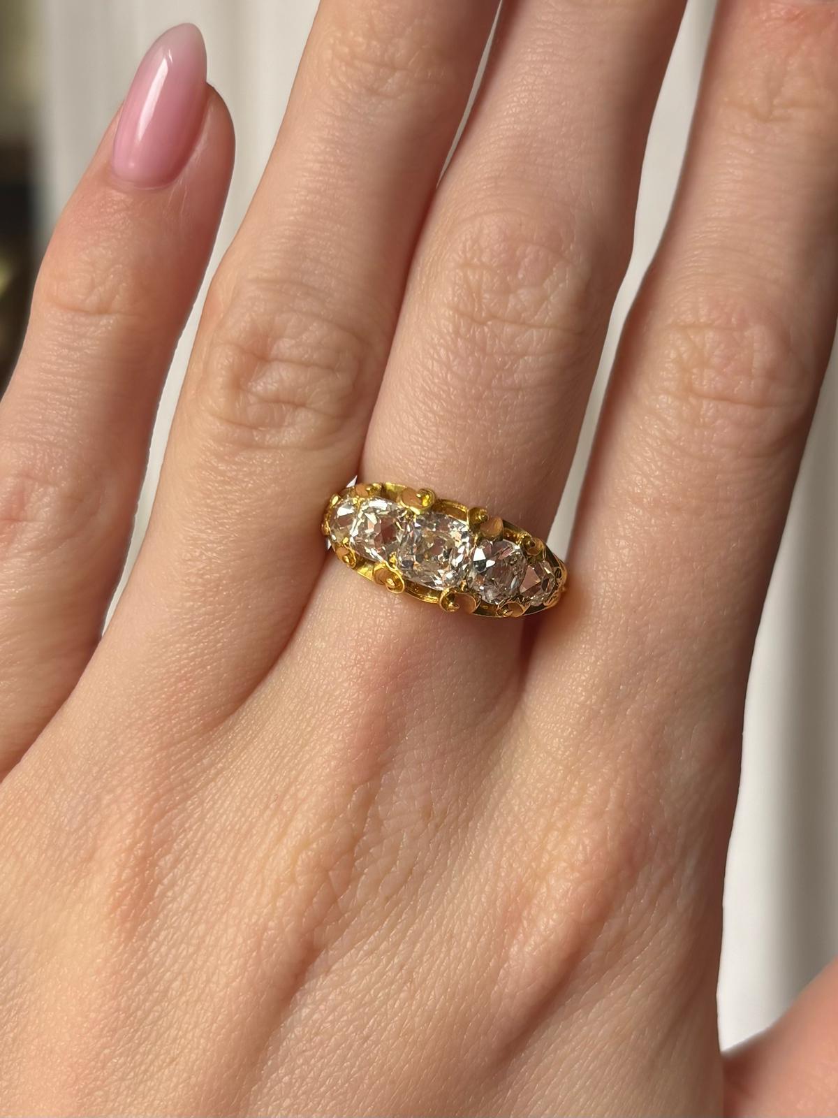 Antique Late Victorian Old Cushion Cut Diamond Five Stone Ring in 18k Gold For Sale 4
