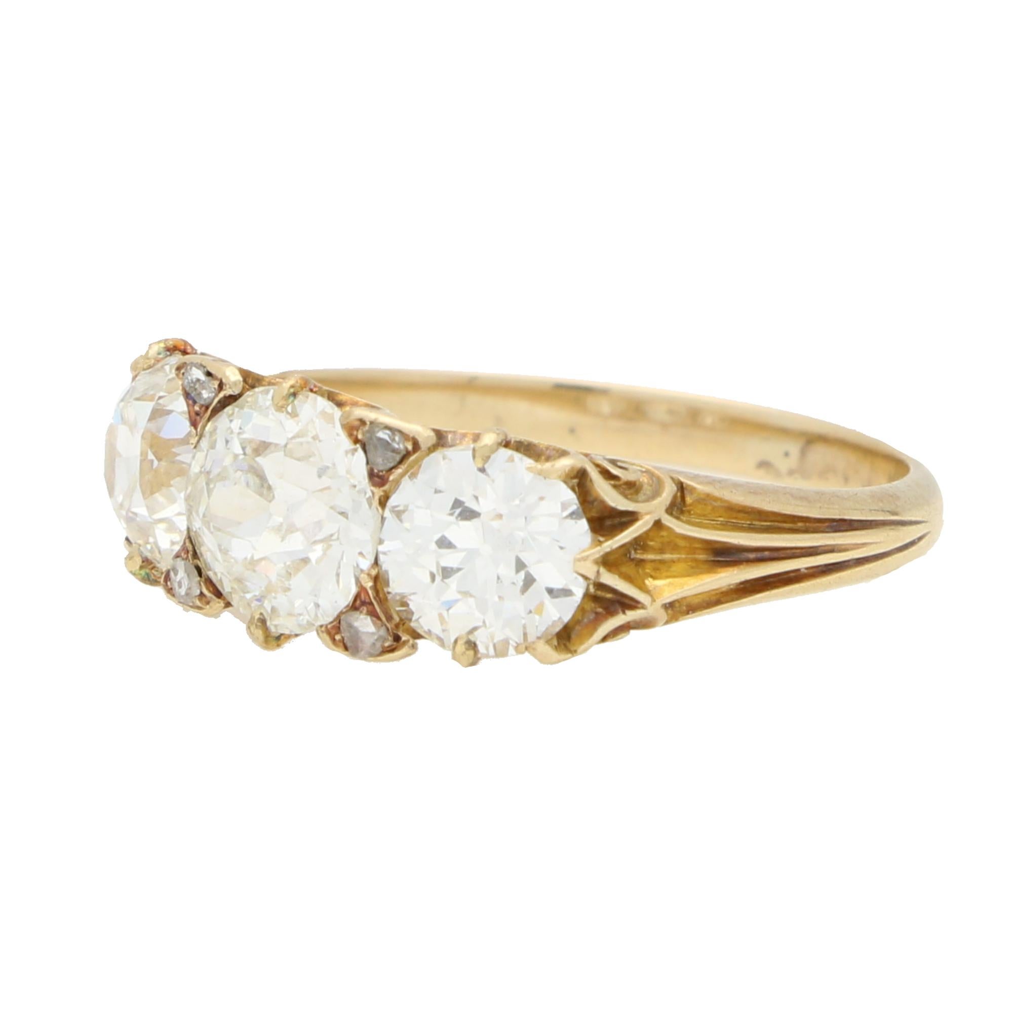 Old European Cut Antique Late Victorian Old Cut Diamond Three Stone Ring in 18k Yellow Gold For Sale