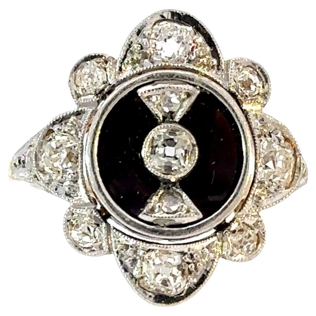 Antique Late Victorian Onyx & Diamond Ring - Platinum & 18K Gold