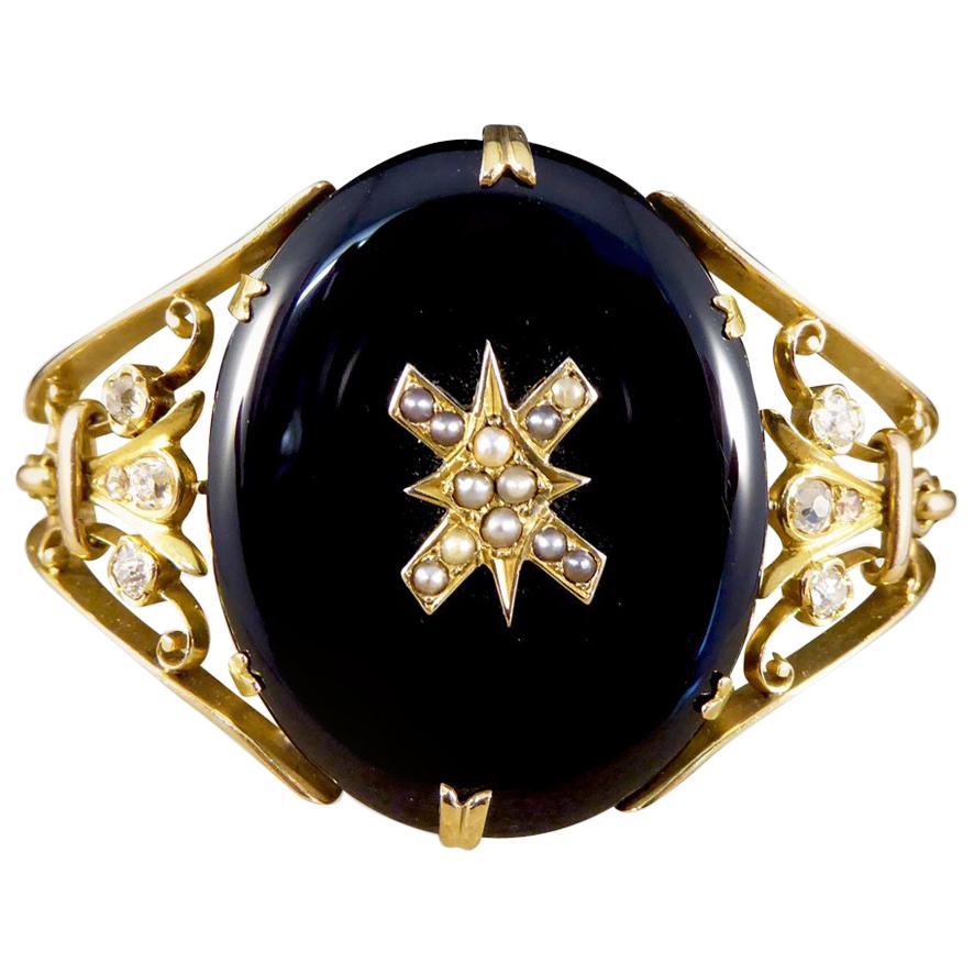 Antique Late Victorian Onyx, Pearl and Diamond Bangle in 15 Carat Yellow Gold