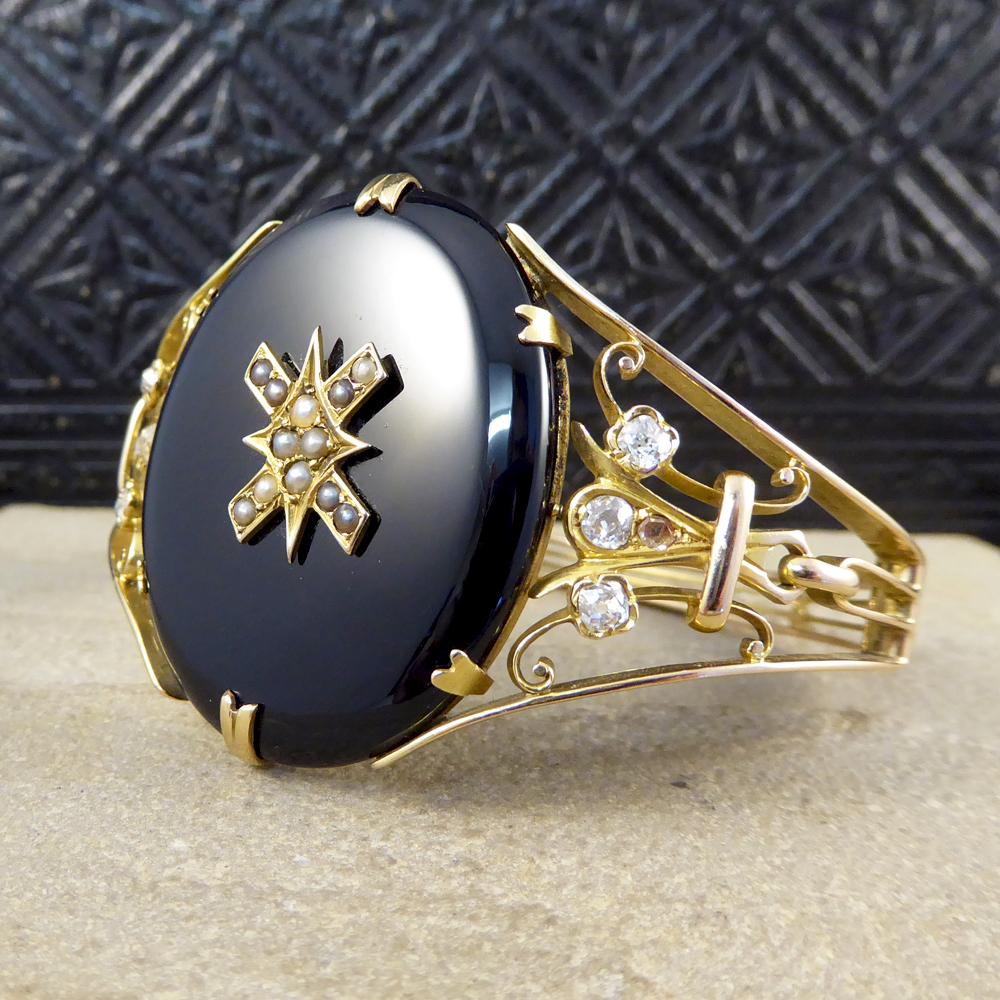 Women's Antique Late Victorian Onyx, Pearl and Diamond Bangle in 15 Carat Yellow Gold