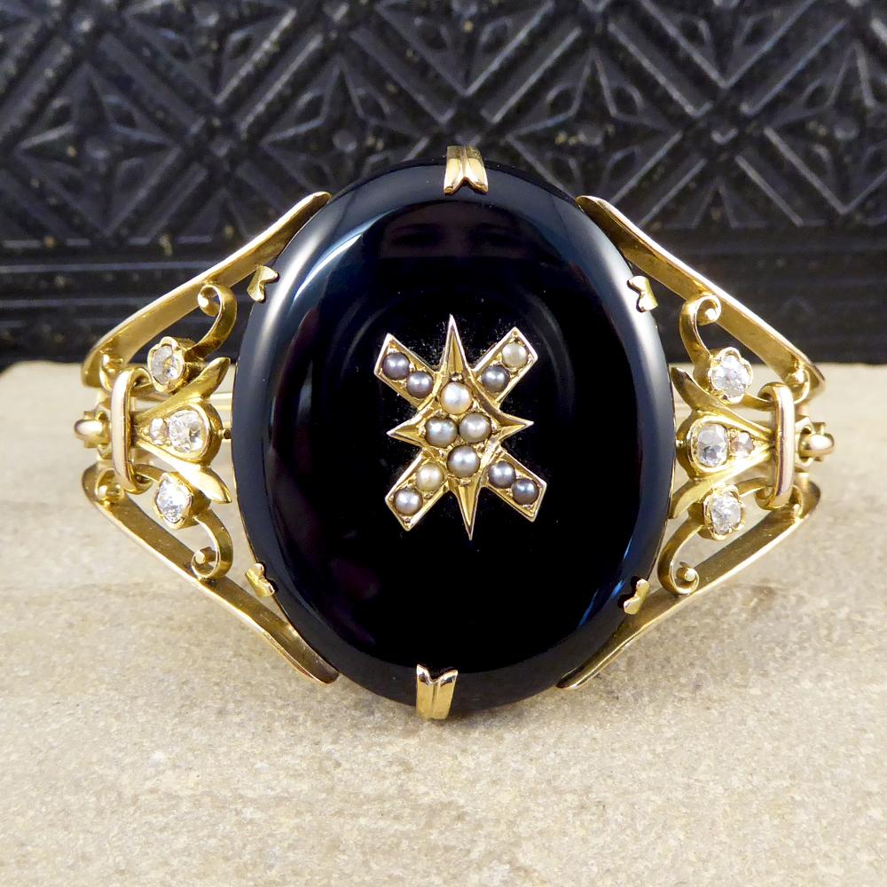 Antique Late Victorian Onyx, Pearl and Diamond Bangle in 15 Carat Yellow Gold 1