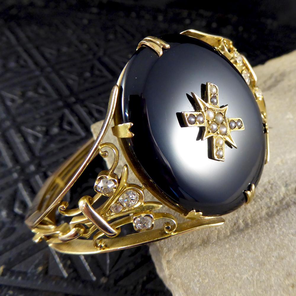 Antique Late Victorian Onyx, Pearl and Diamond Bangle in 15 Carat Yellow Gold 2