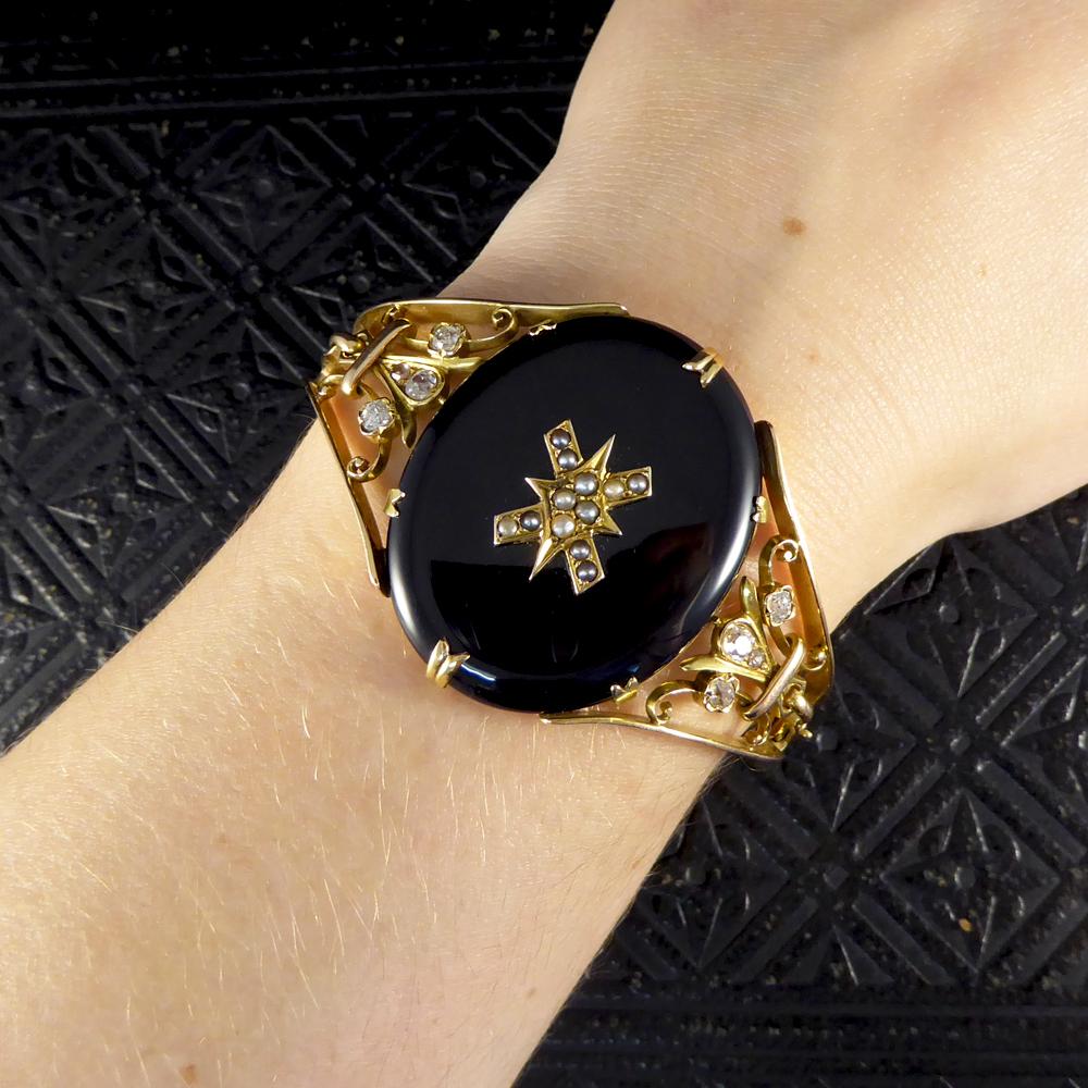 Antique Late Victorian Onyx, Pearl and Diamond Bangle in 15 Carat Yellow Gold 3