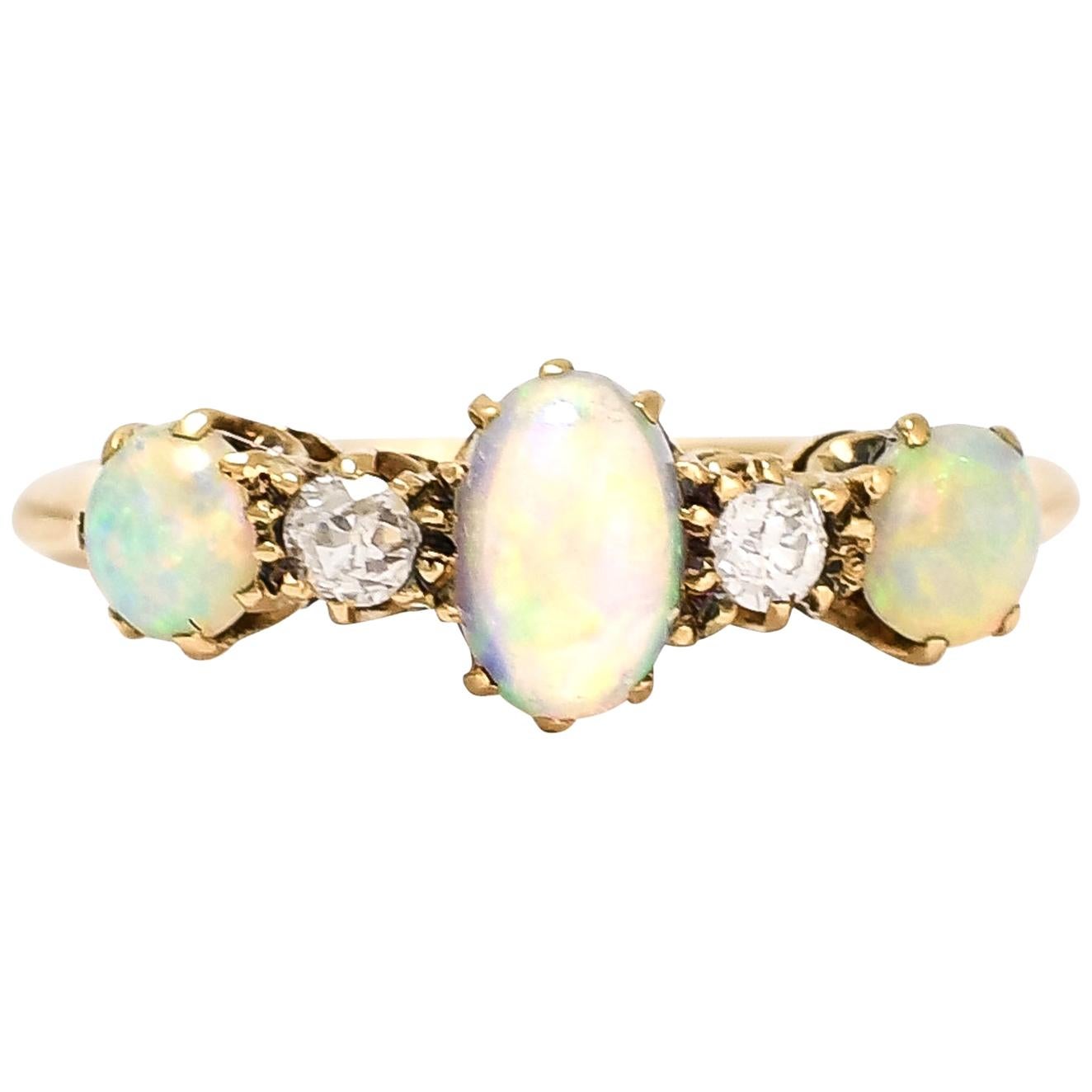 Antique Late Victorian Opal and Diamond 5-Stone Ring