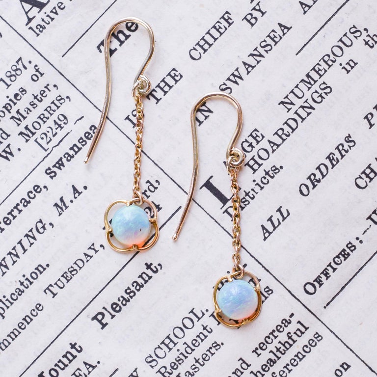 Antique White Opal Gold Drop Earrings