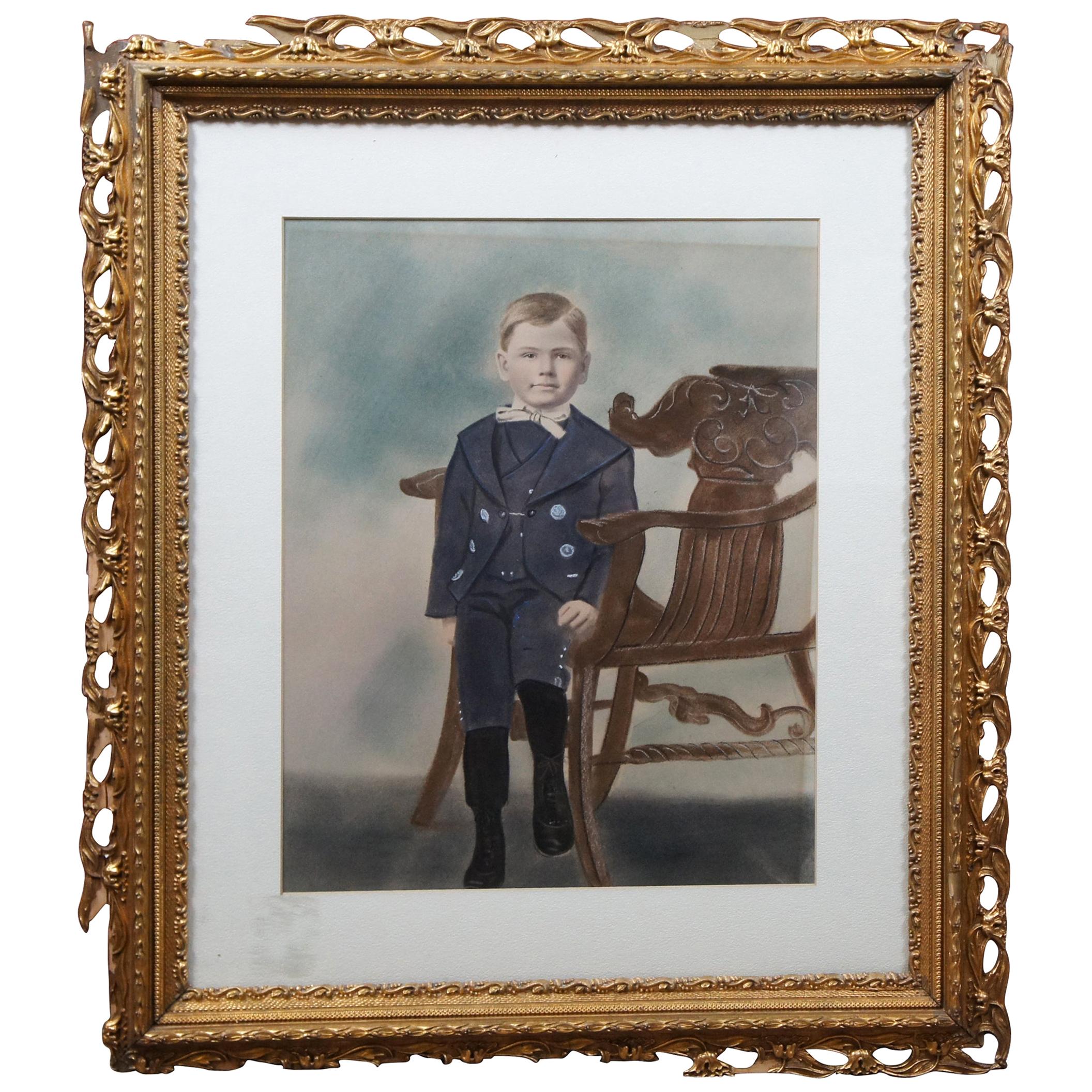 Antique Late Victorian Pastel Painting Portrait of Young Boy Marcel Goffena