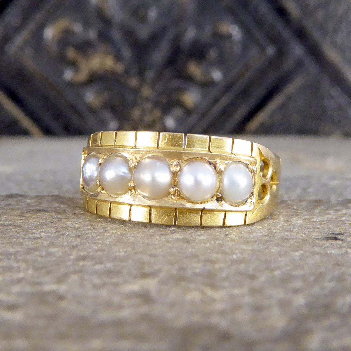 Women's or Men's Antique Late Victorian Pearl Five Stone Ring in 18ct Yellow Gold