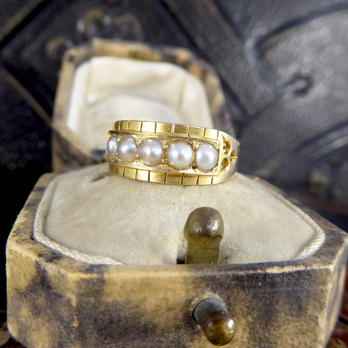 Antique Late Victorian Pearl Five Stone Ring in 18ct Yellow Gold 2