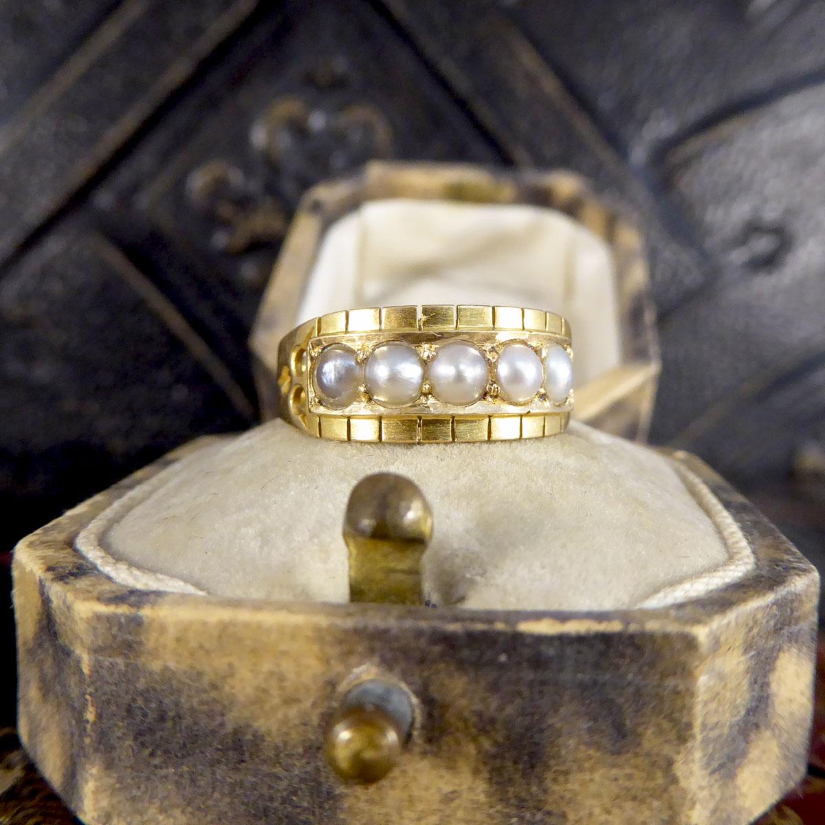 Antique Late Victorian Pearl Five Stone Ring in 18ct Yellow Gold 3
