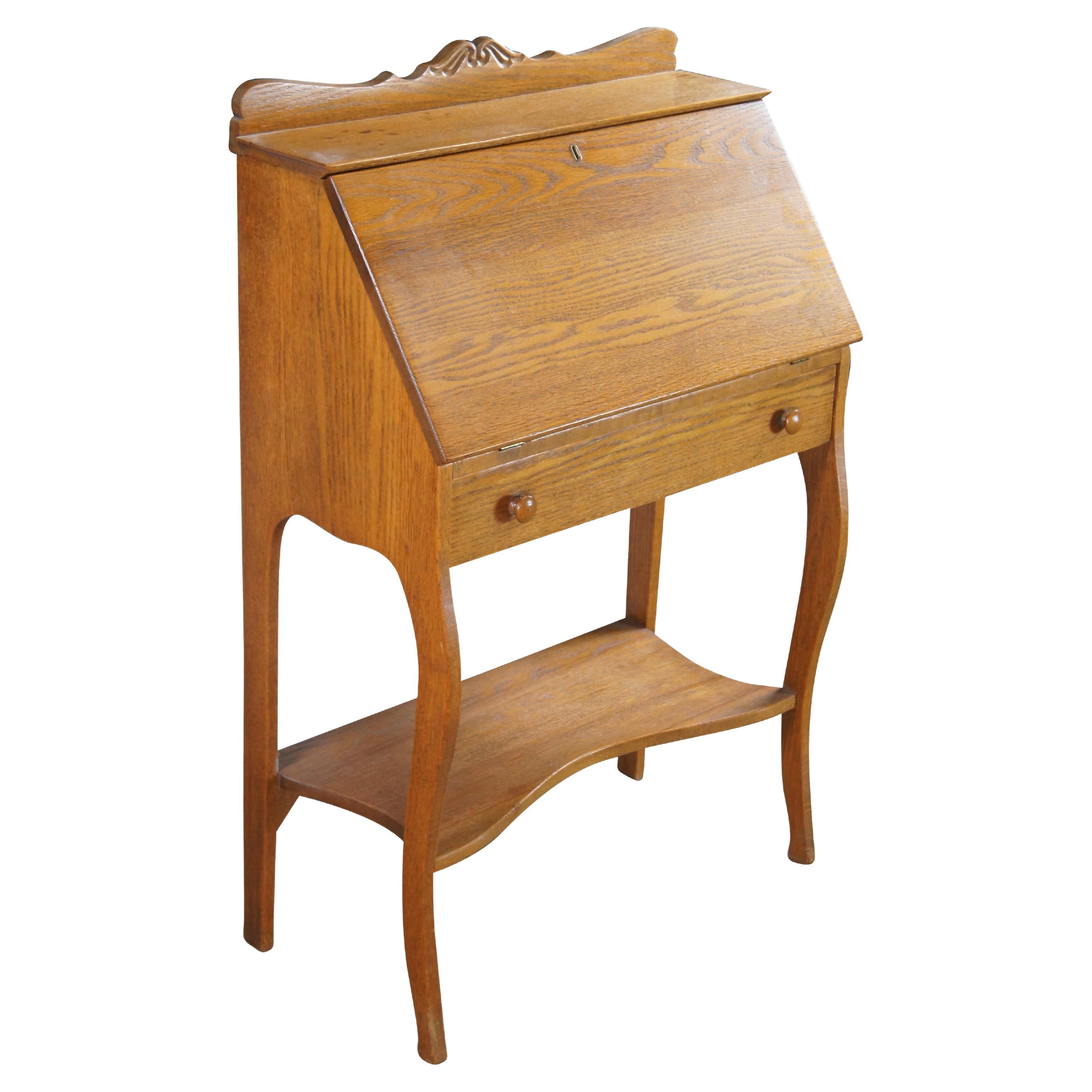 Antique Late Victorian Petite Oak Slant Top Secretary Ladies Writing Desk 28"